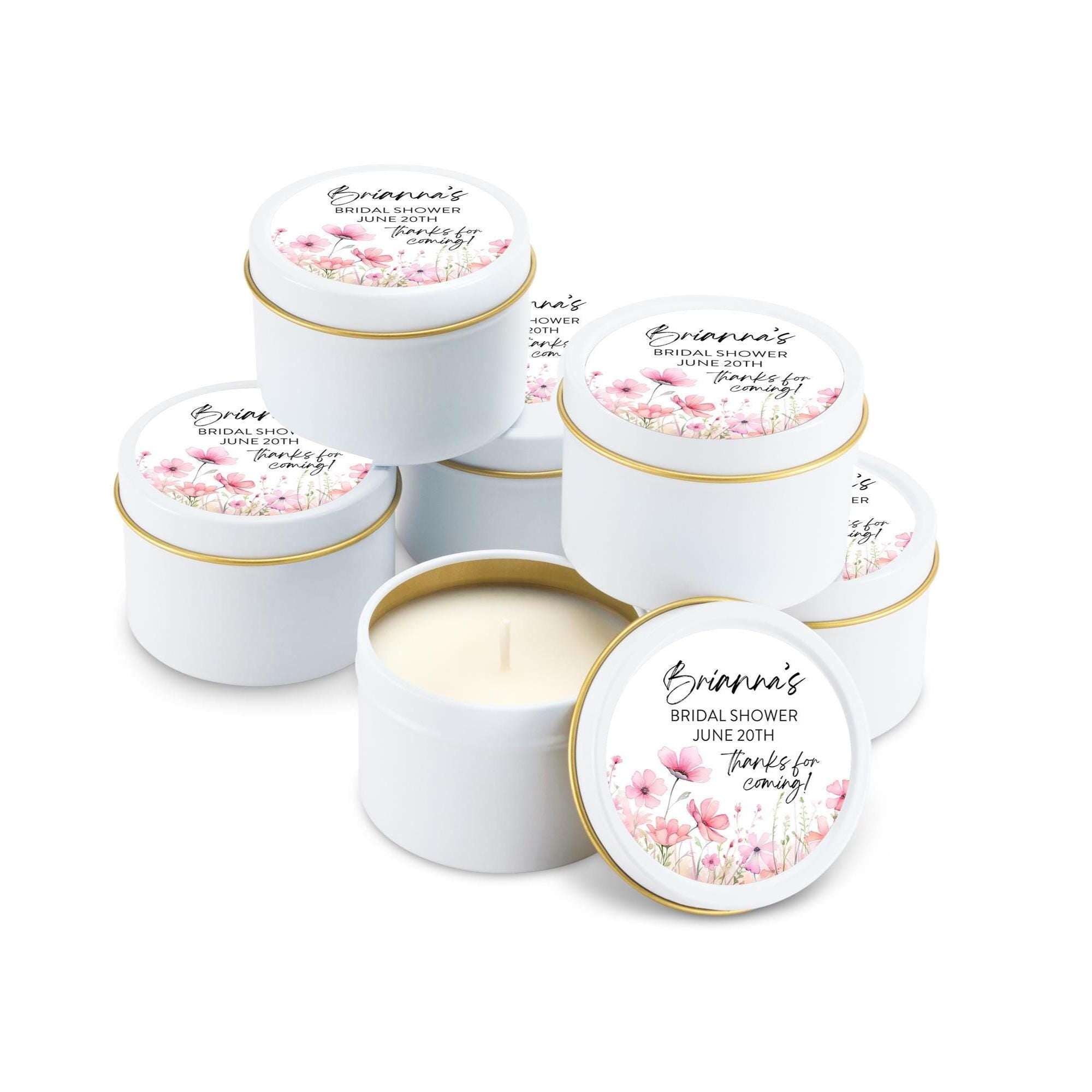 Pink Flowers Wedding Favors, Bulk for Guests, Blush Floral Candle Favors, Set of 10 Candle Tins, Personalized Wedding Gift, 4oz White Tin
