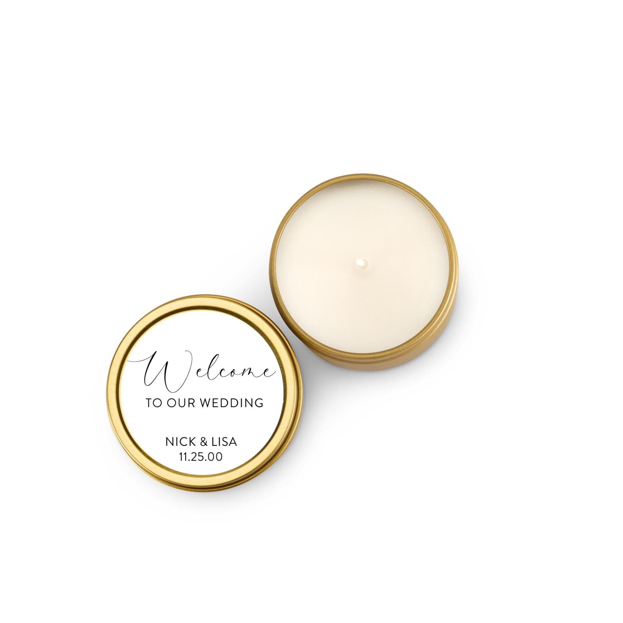 Welcome Wedding Favors, Candle Favors for Guests, Set of 10 Candle Tins, Personalized Wedding Gift, 4oz Gold Tin, BULK Candles