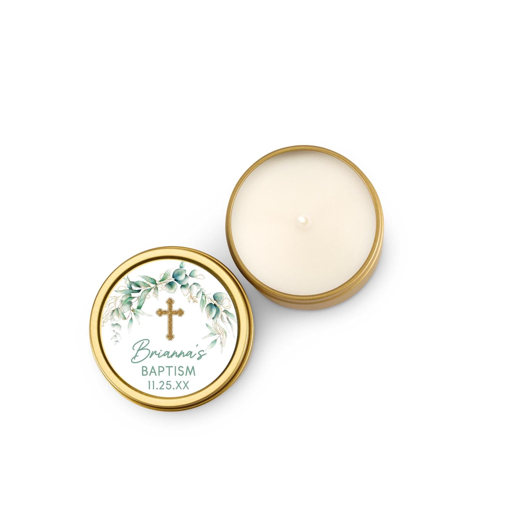 Baptism Candle Favors, Confirmation or Christening Favors, Cross Candle Favors for Guests, Set of 10 4oz Gold Candle Tins