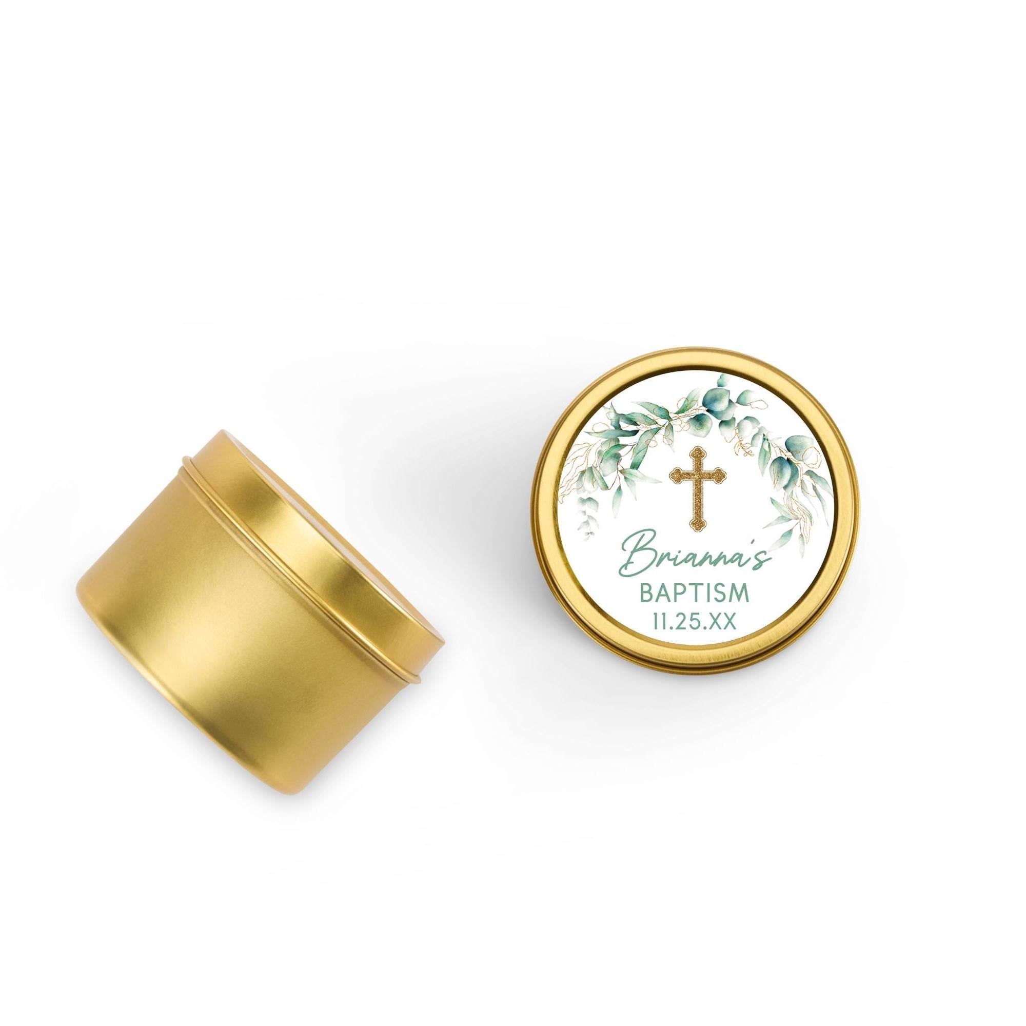 Baptism Candle Favors, Confirmation or Christening Favors, Cross Candle Favors for Guests, Set of 10 4oz Gold Candle Tins