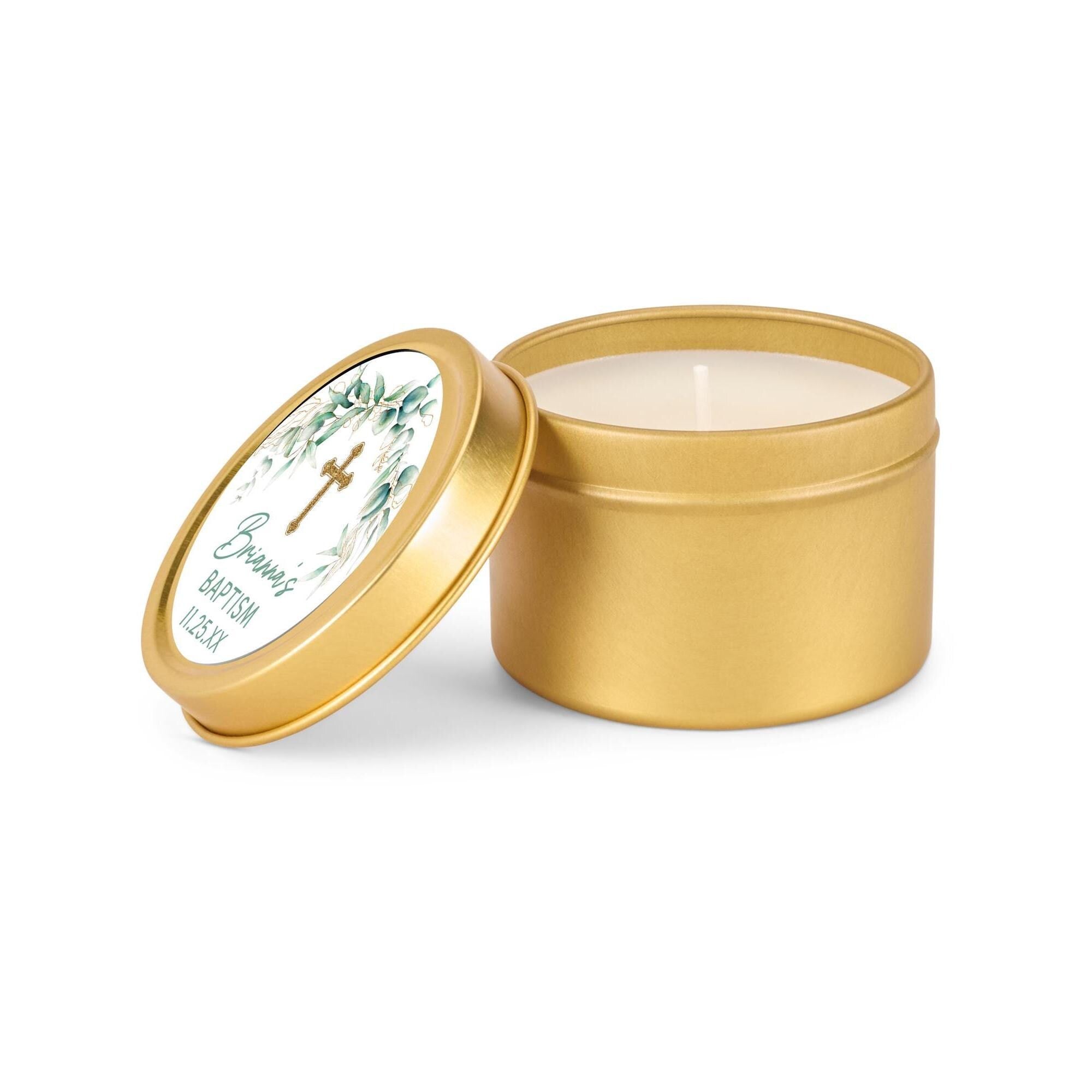 Baptism Candle Favors, Confirmation or Christening Favors, Cross Candle Favors for Guests, Set of 10 4oz Gold Candle Tins