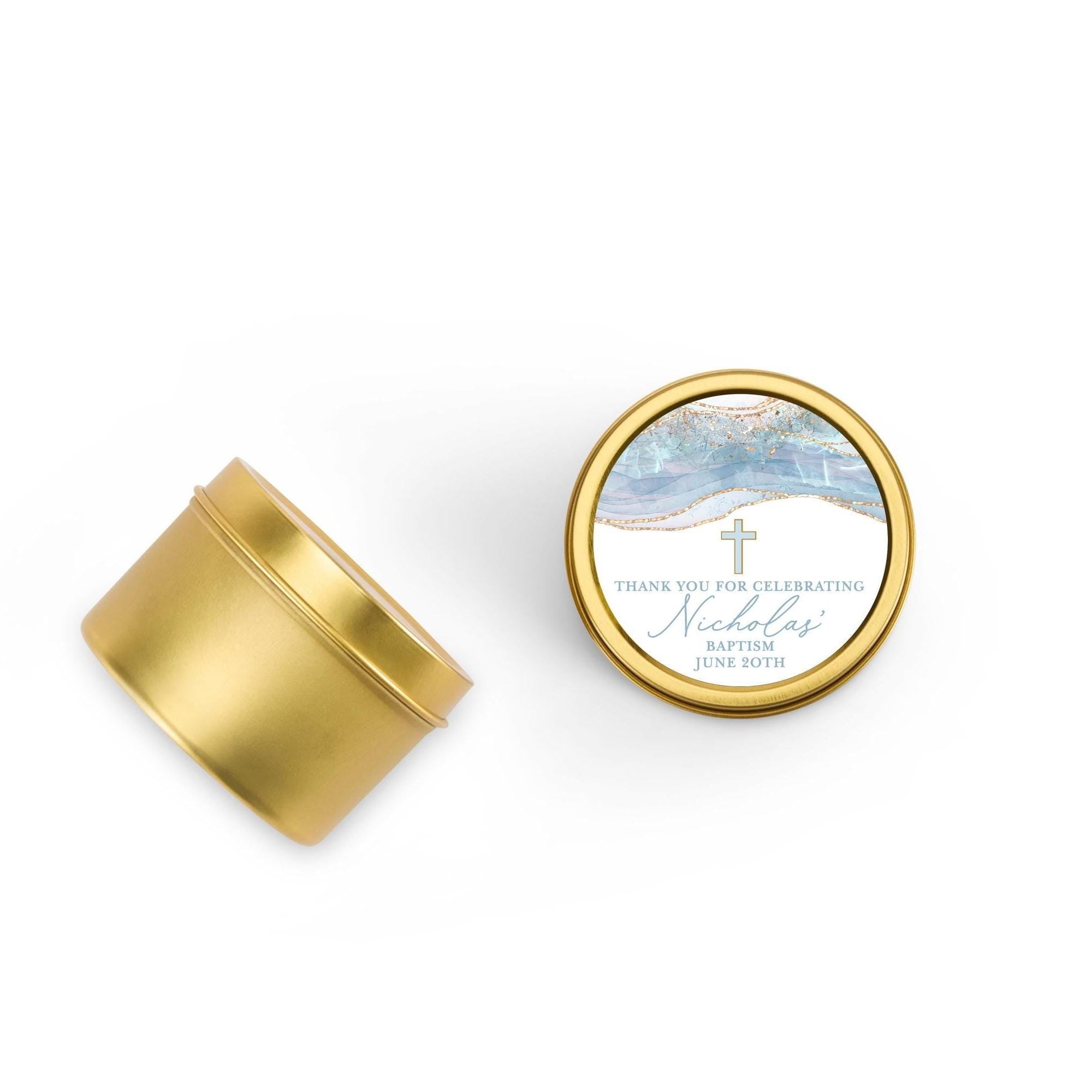 Baptism Blue Cross Candle Favors, Confirmation or Christening Favors, Cross Candle Favors for Guests, Set of 10 4oz Gold Candle Tins