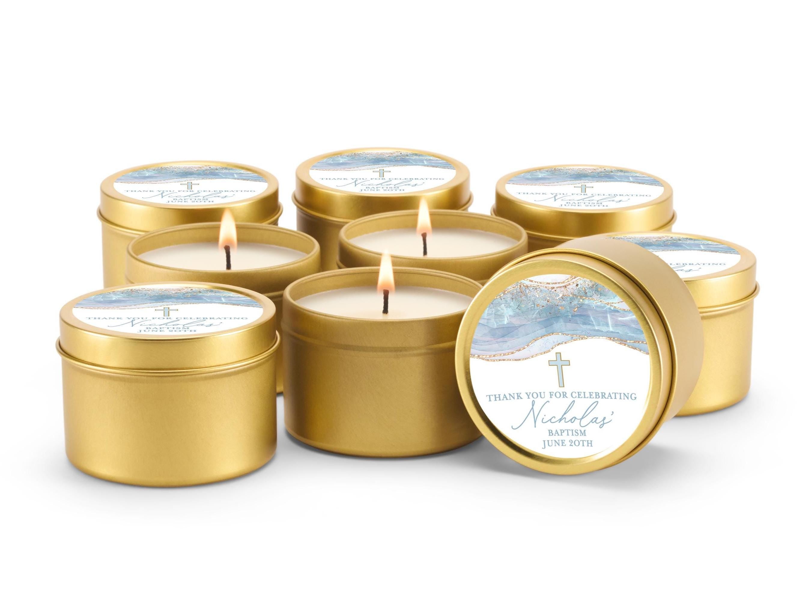 Baptism Blue Cross Candle Favors, Confirmation or Christening Favors, Cross Candle Favors for Guests, Set of 10 4oz Gold Candle Tins