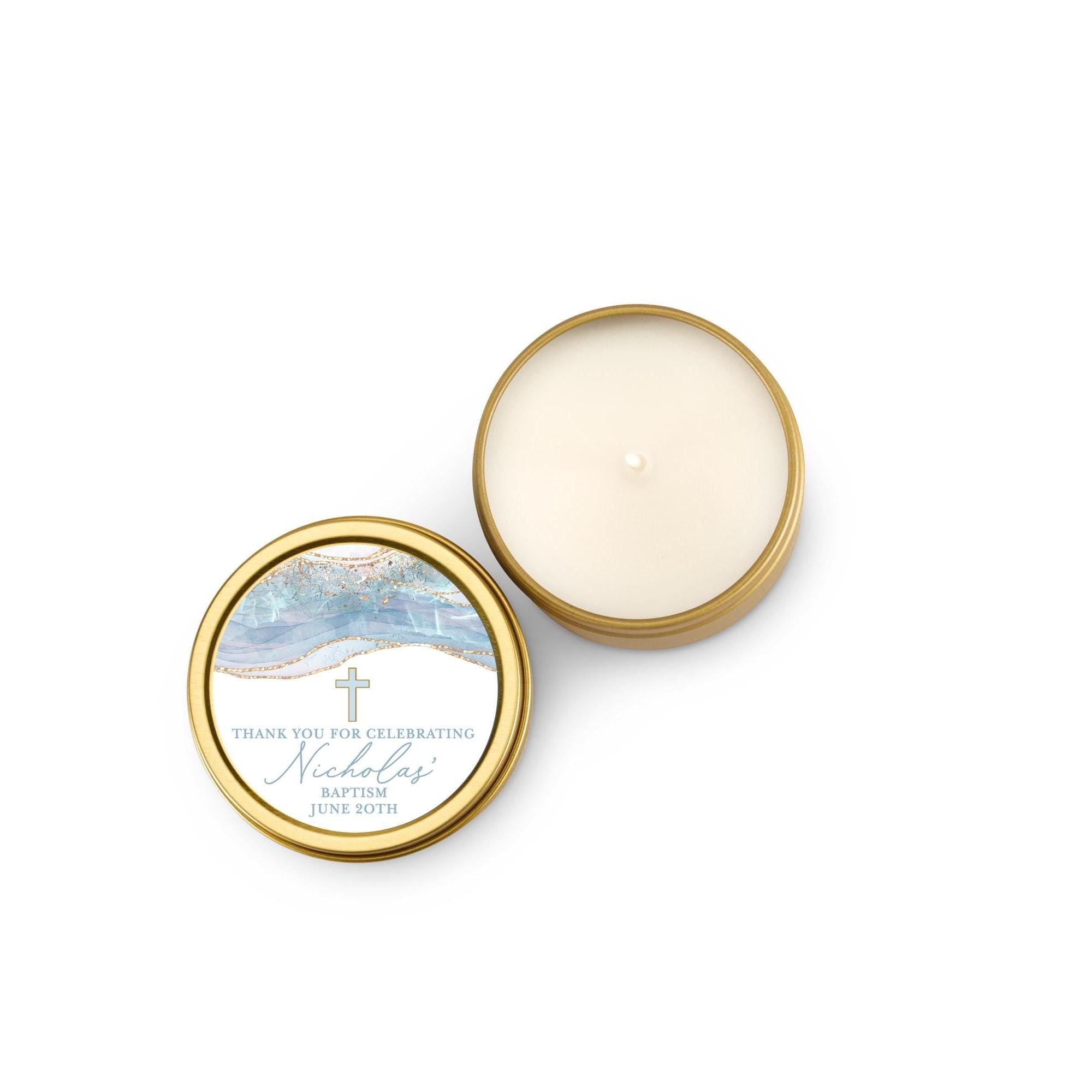 Baptism Blue Cross Candle Favors, Confirmation or Christening Favors, Cross Candle Favors for Guests, Set of 10 4oz Gold Candle Tins