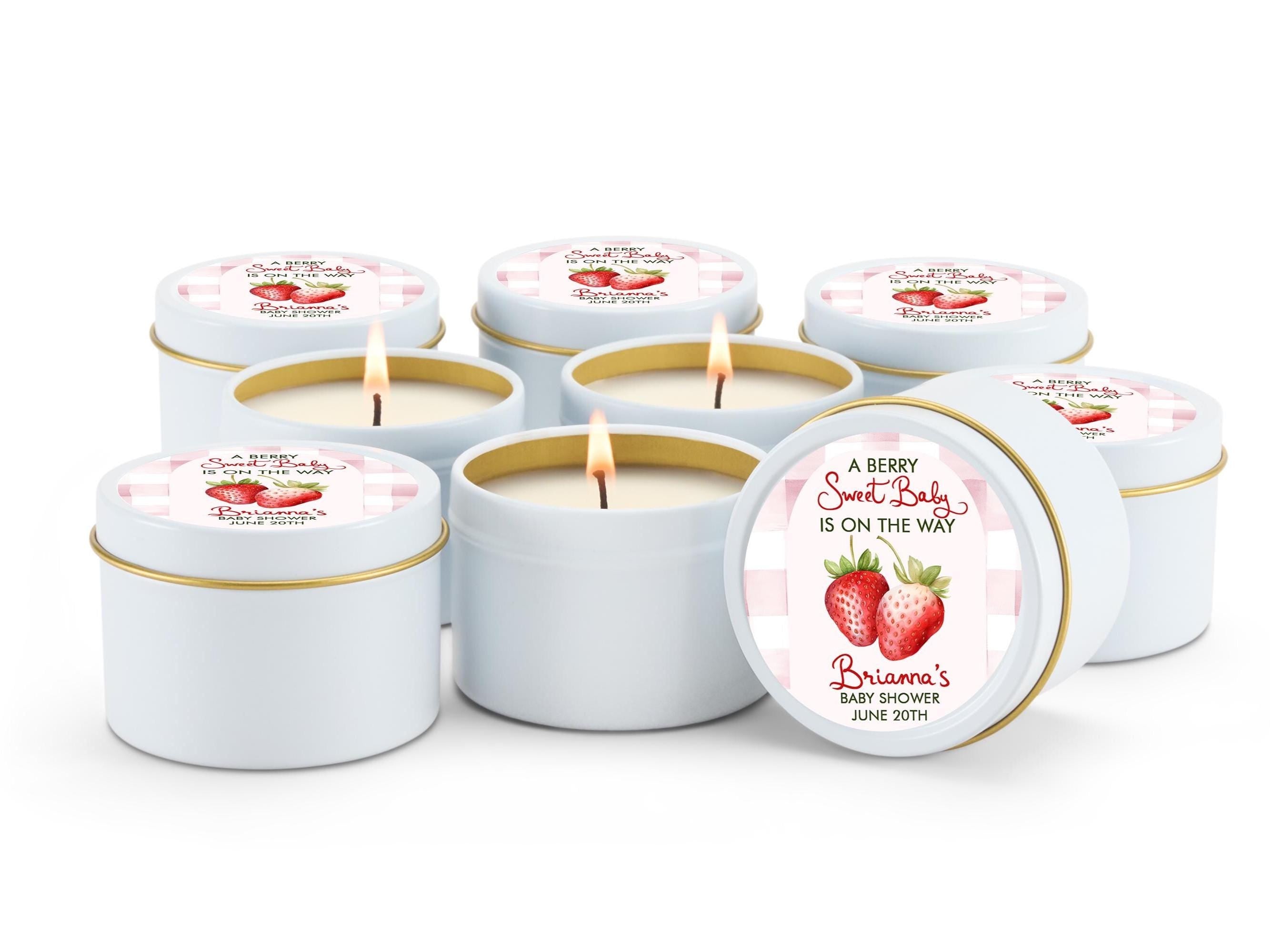 A Berry Sweet Baby Favors, Strawberry Candle Favors, Set of 10 4oz Candle Tins, Personalized Baby Shower Gift