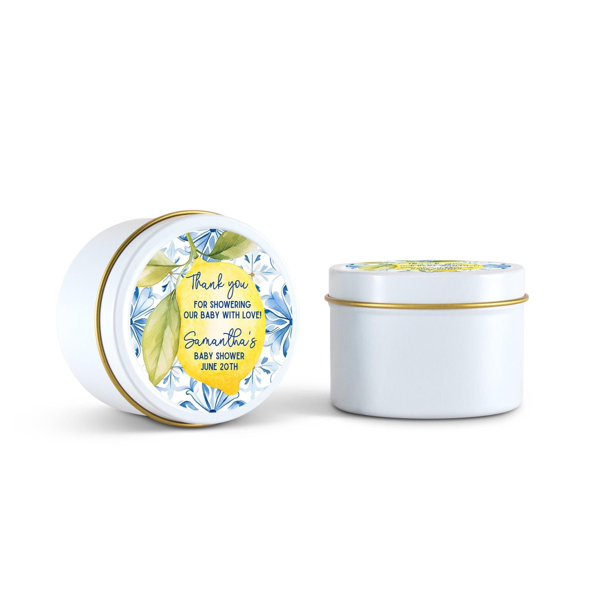 Lemon Citrus with blue tiles Baby Favors, Mediterranean shower decor Candles, Set of 10 4oz Candle Tins, Personalized Baby Shower Gift