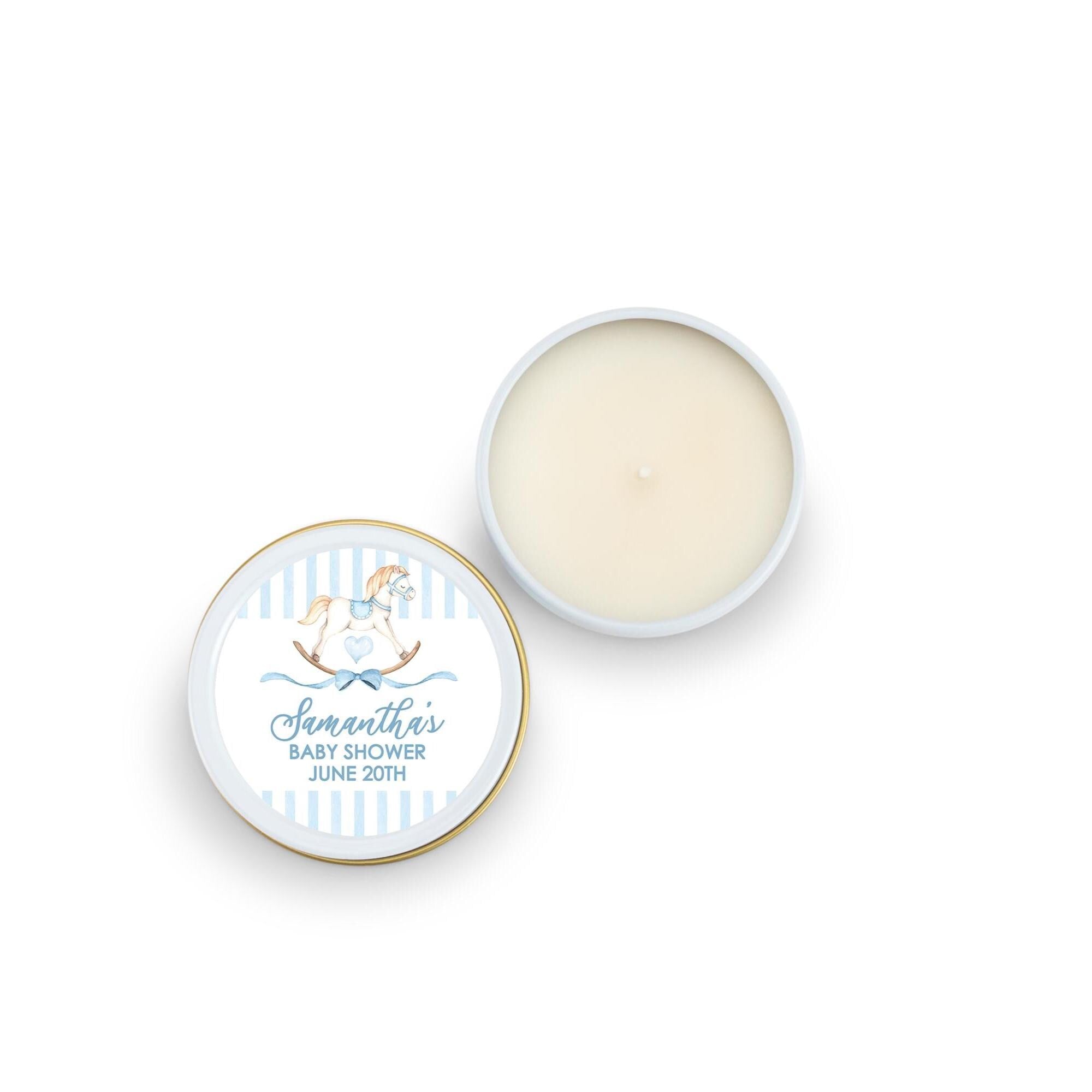 Rocking Horse Baby Favors, Blue Stripe Candles, Set of 10 4oz Candle Tins, Personalized Baby Shower Gift