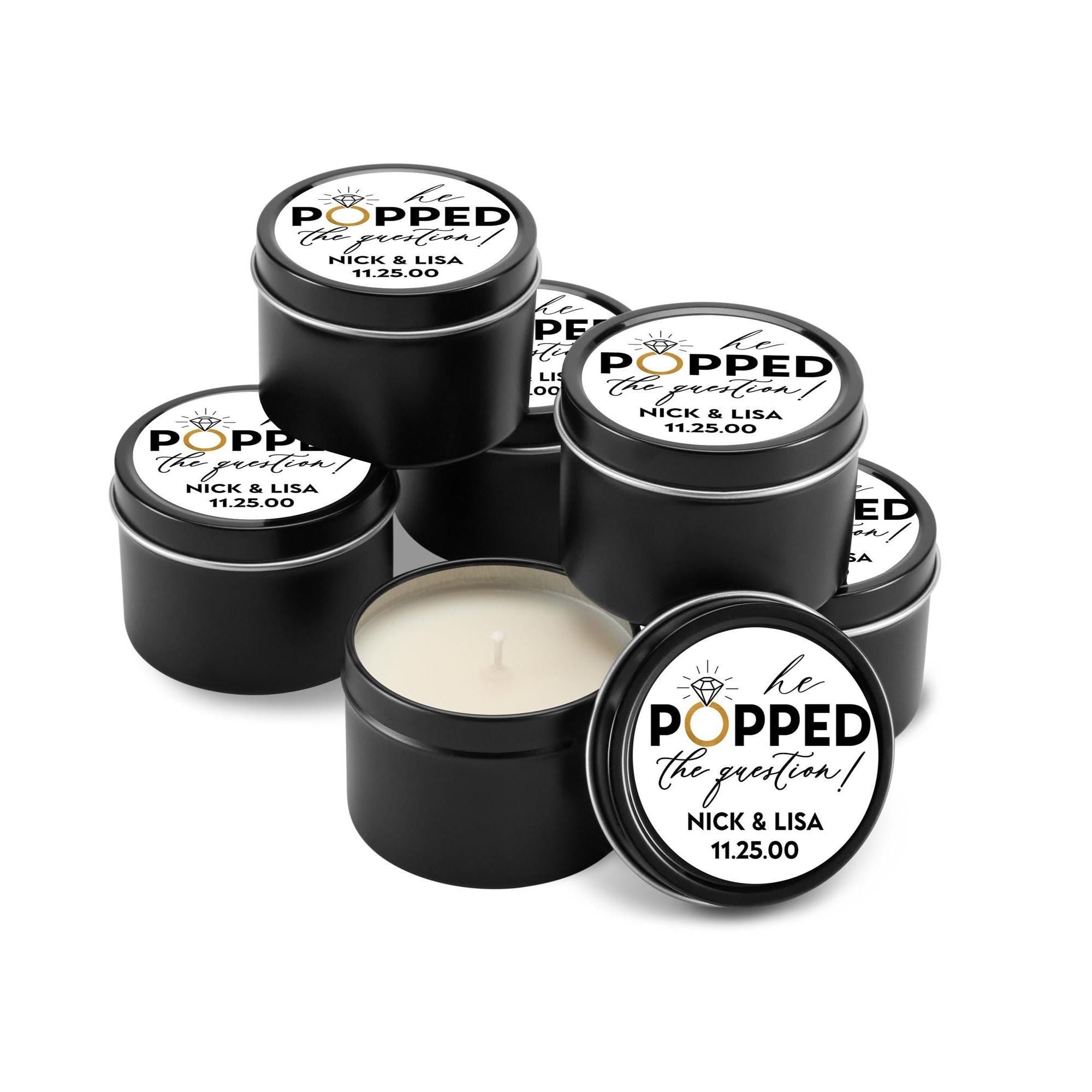 Popped The Question Bridal Candle Favors, Set of 10 4oz Black Tin Candles, Personalized Shower Gift