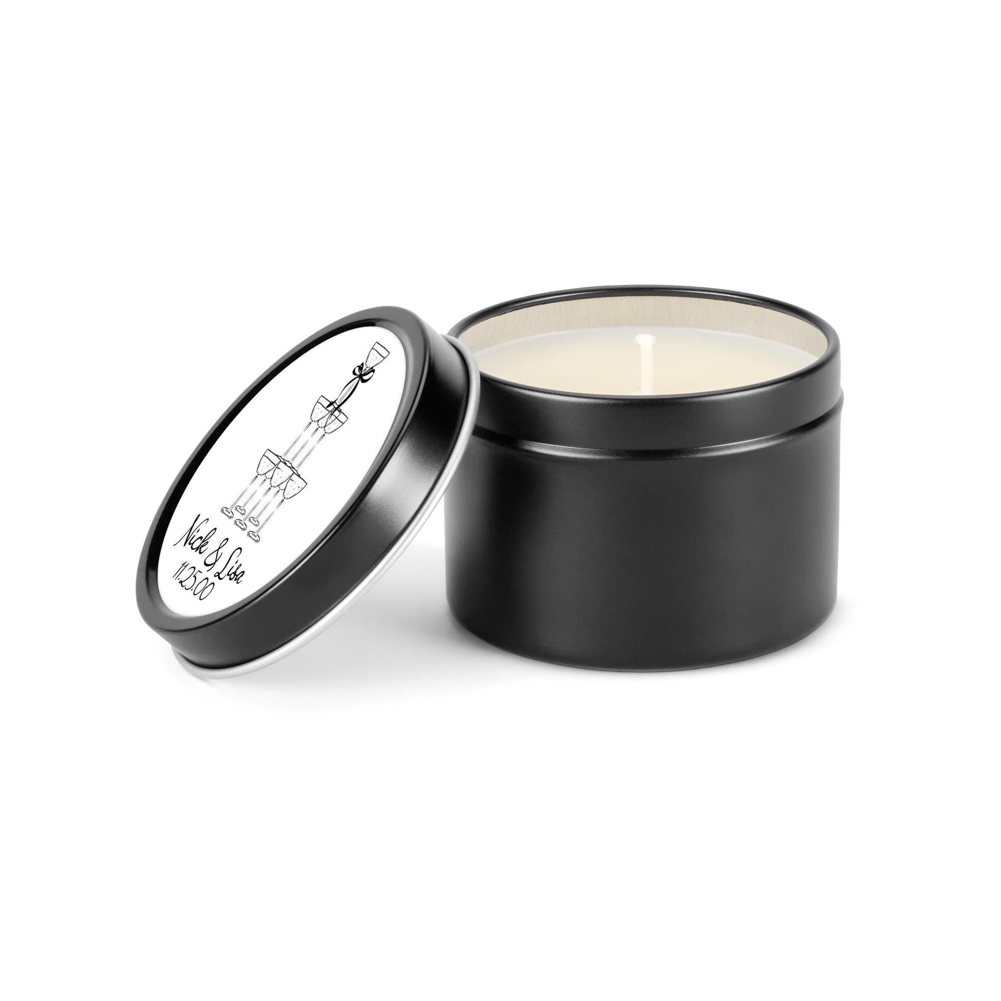 Champagne Tower Wedding Favors, Bulk Candle Favors for Guests, Set of 10 Candle Tins, Personalized Wedding Gift, 4oz Black Tin