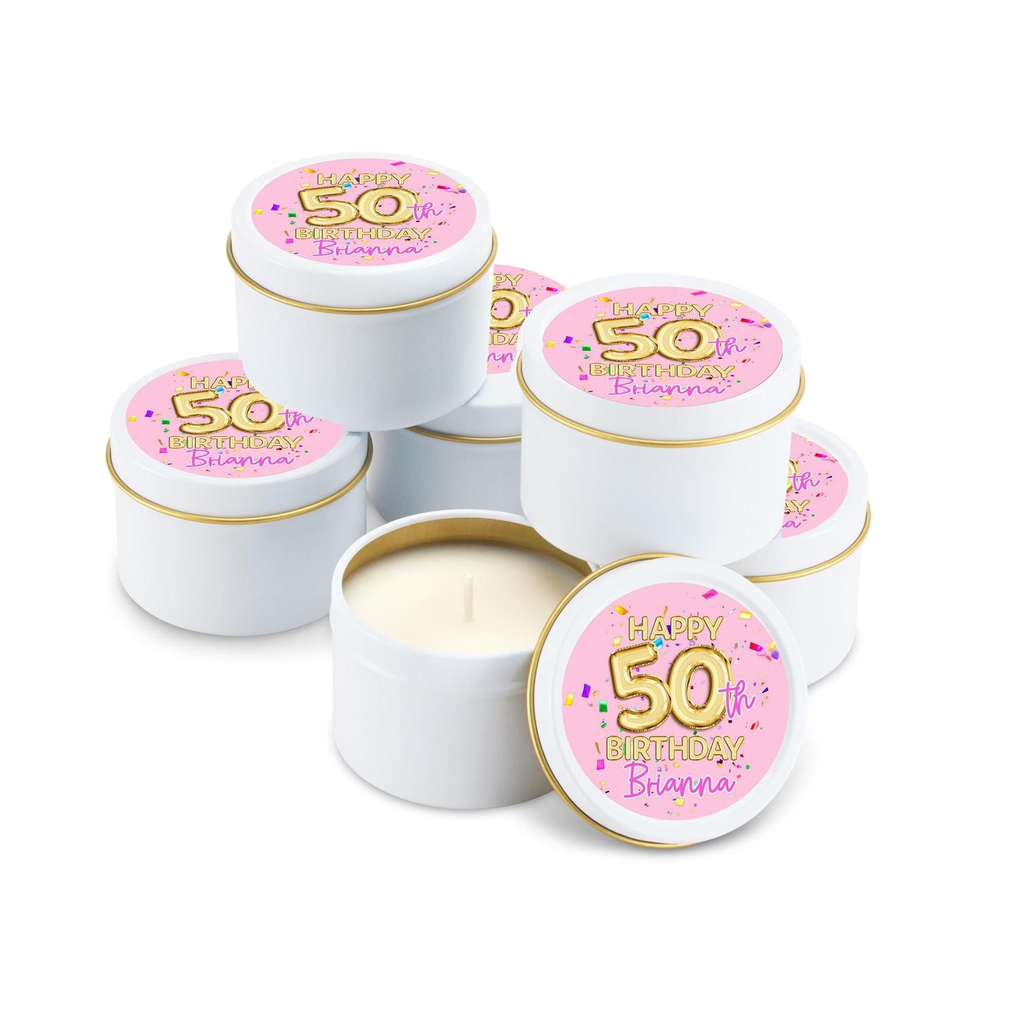 Gold Balloon Birthday Candle Favor, Pink Birthday Gift - 21, 30, 40, 50, Set of 10 4oz White Candle Tins