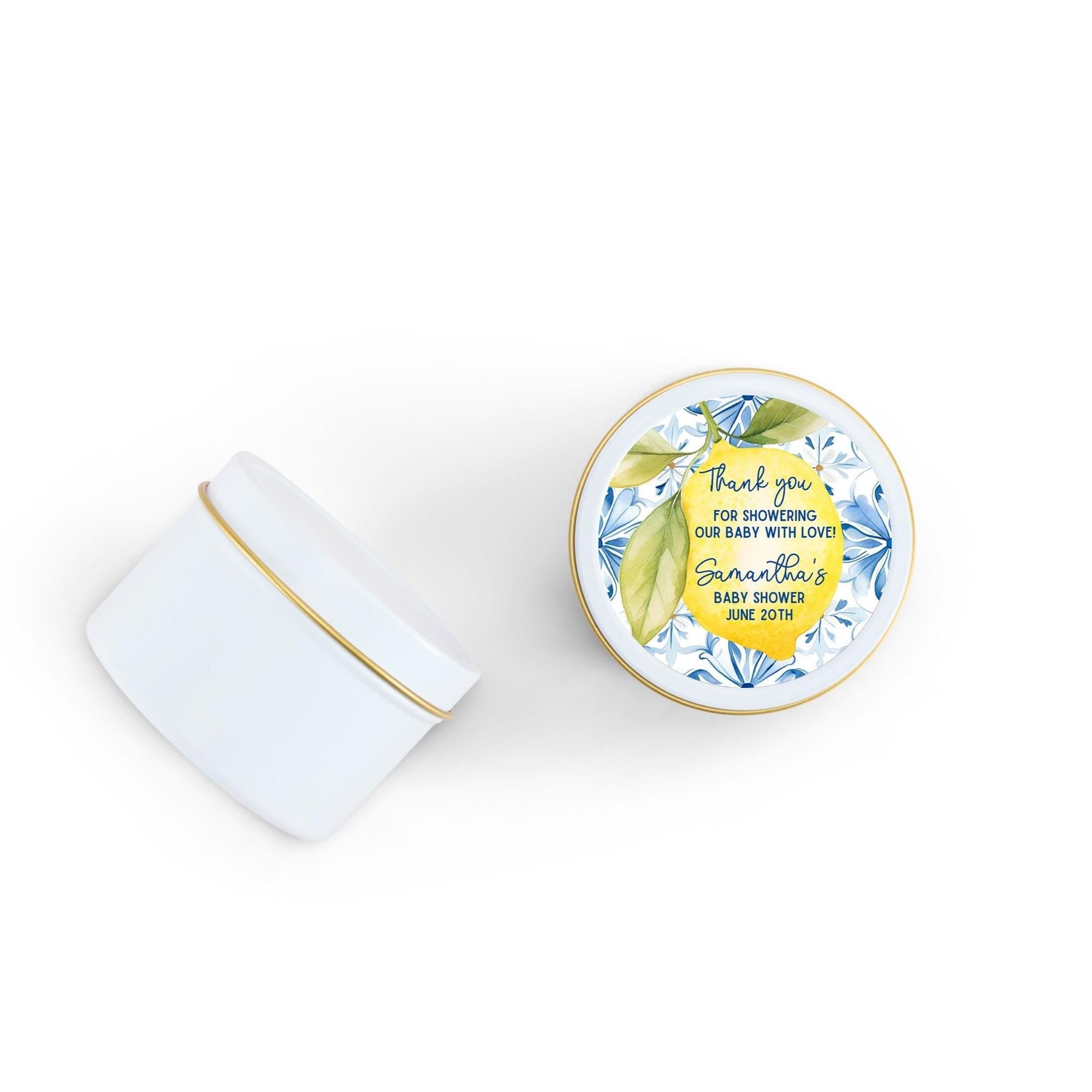 Lemon Citrus with blue tiles Baby Favors, Mediterranean shower decor Candles, Set of 10 4oz Candle Tins, Personalized Baby Shower Gift