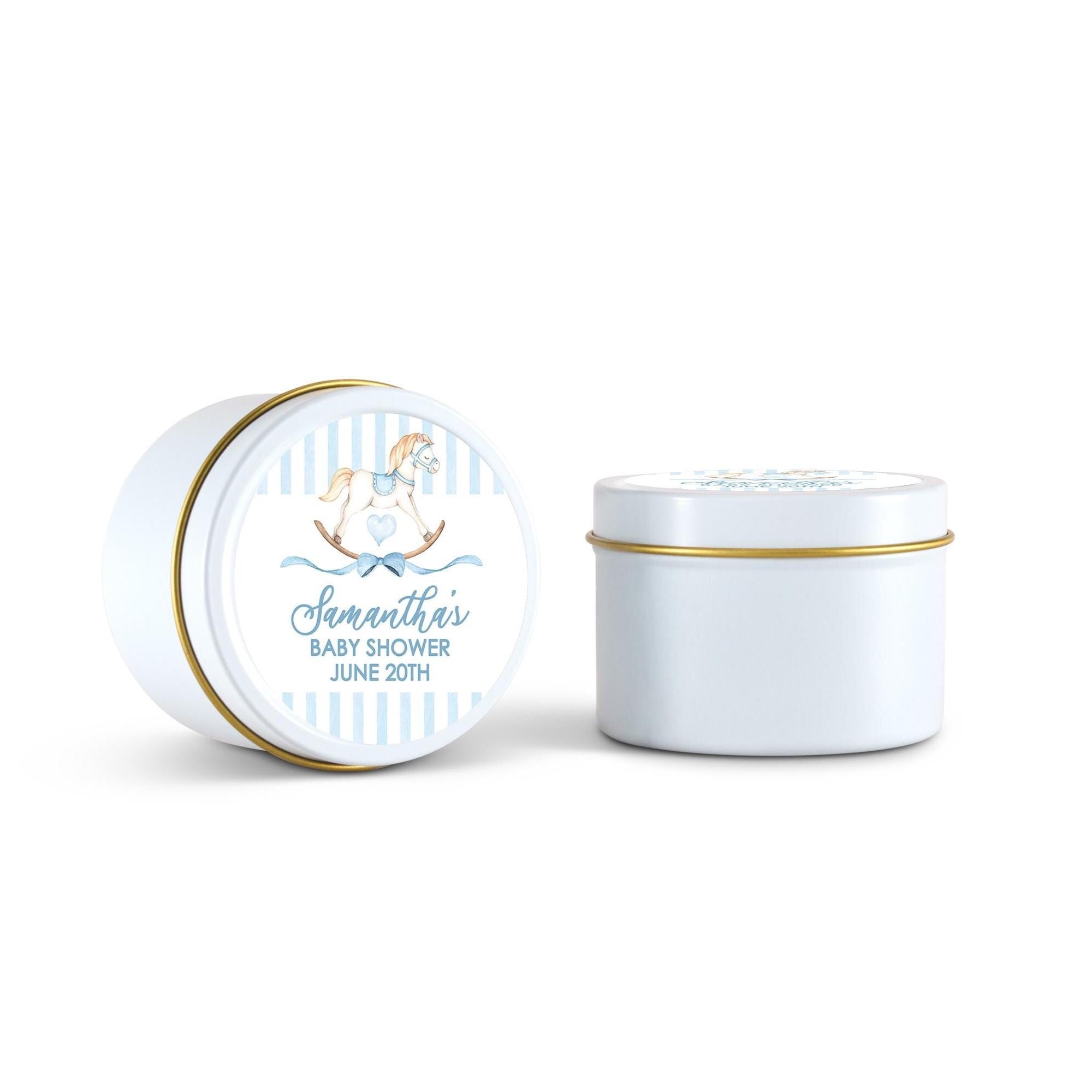 Rocking Horse Baby Favors, Blue Stripe Candles, Set of 10 4oz Candle Tins, Personalized Baby Shower Gift