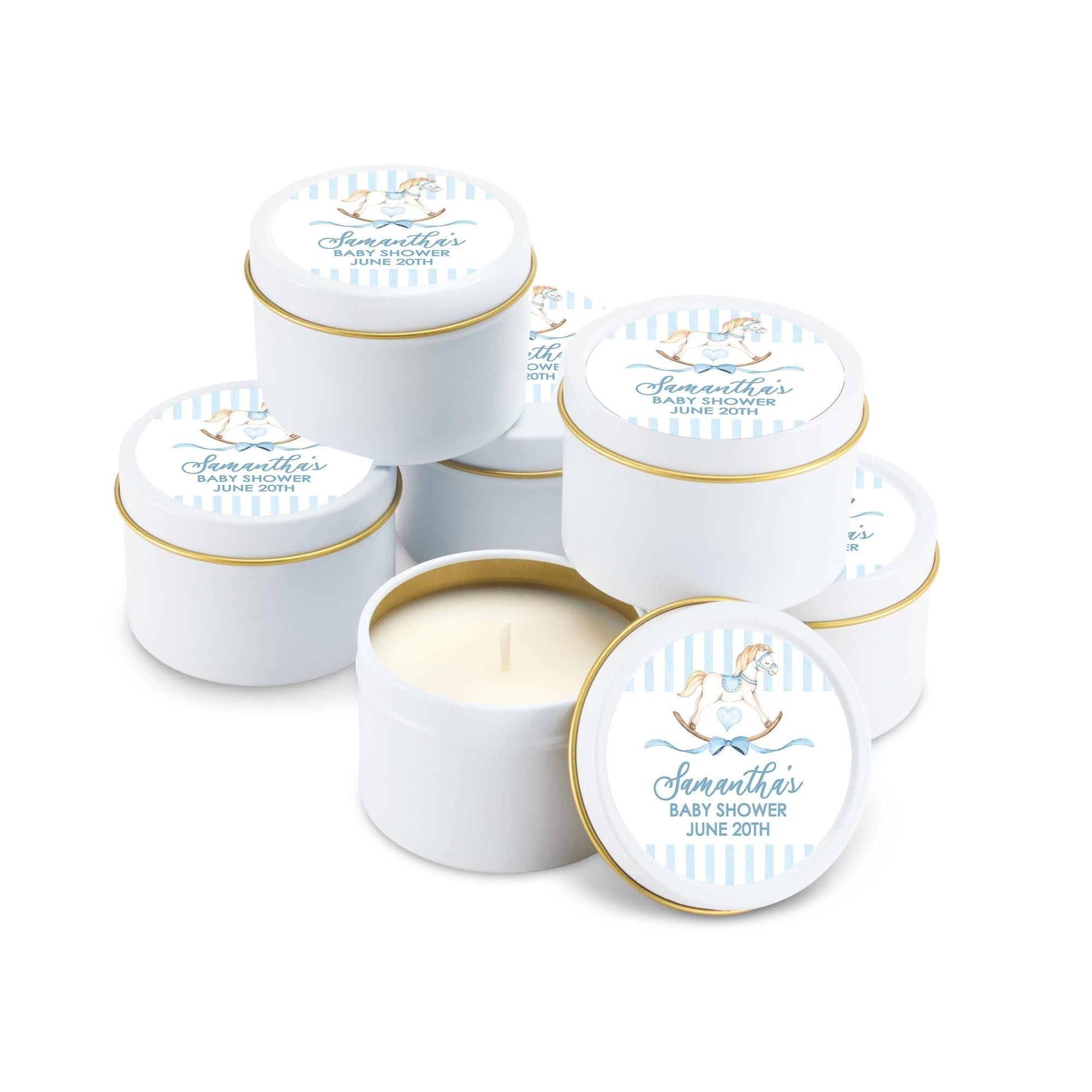 Rocking Horse Baby Favors, Blue Stripe Candles, Set of 10 4oz Candle Tins, Personalized Baby Shower Gift