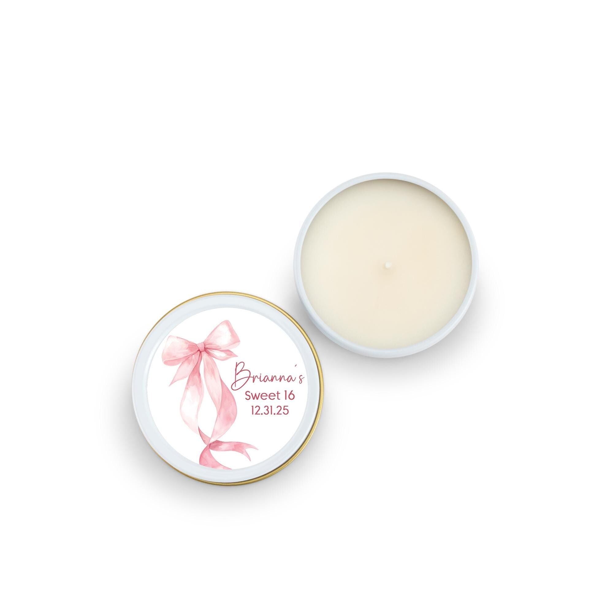 Pink Coquette Bow Birthday Candle Favor, Sweet Sixteen Birthday Gift, Set of 10 4oz White Candle Tins