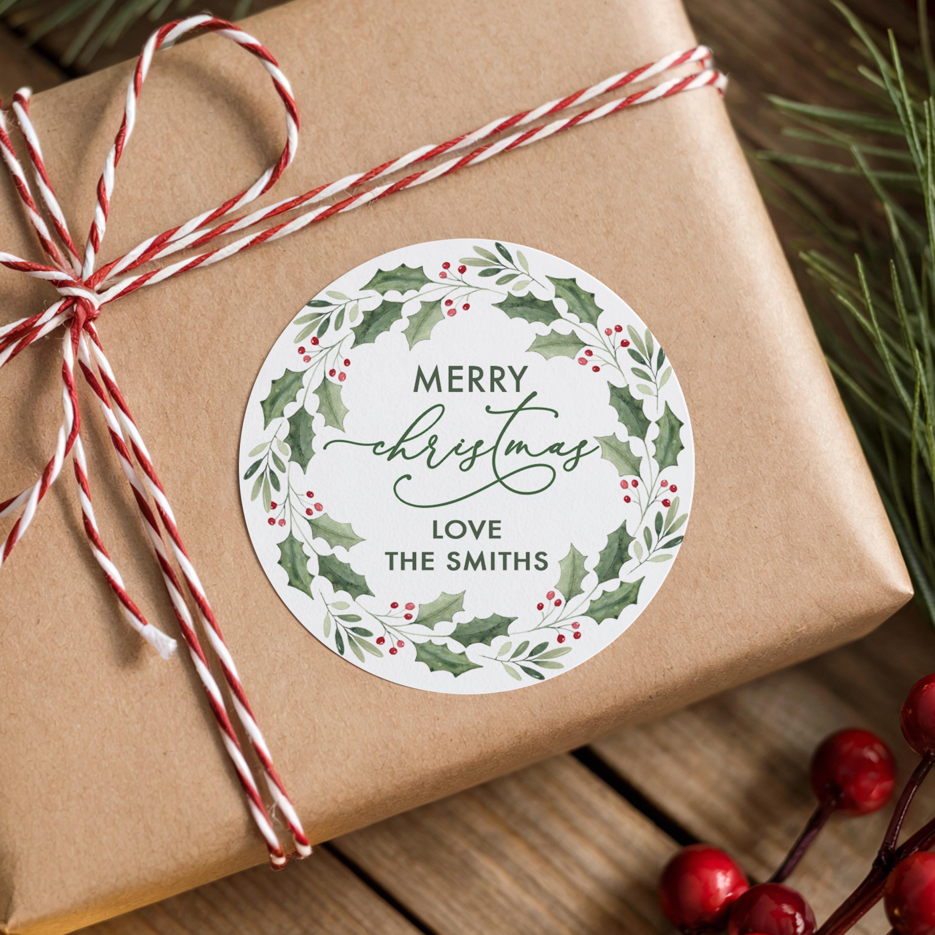Personalized Merry Christmas Stickers, Mistletoe Wreath Gift Label