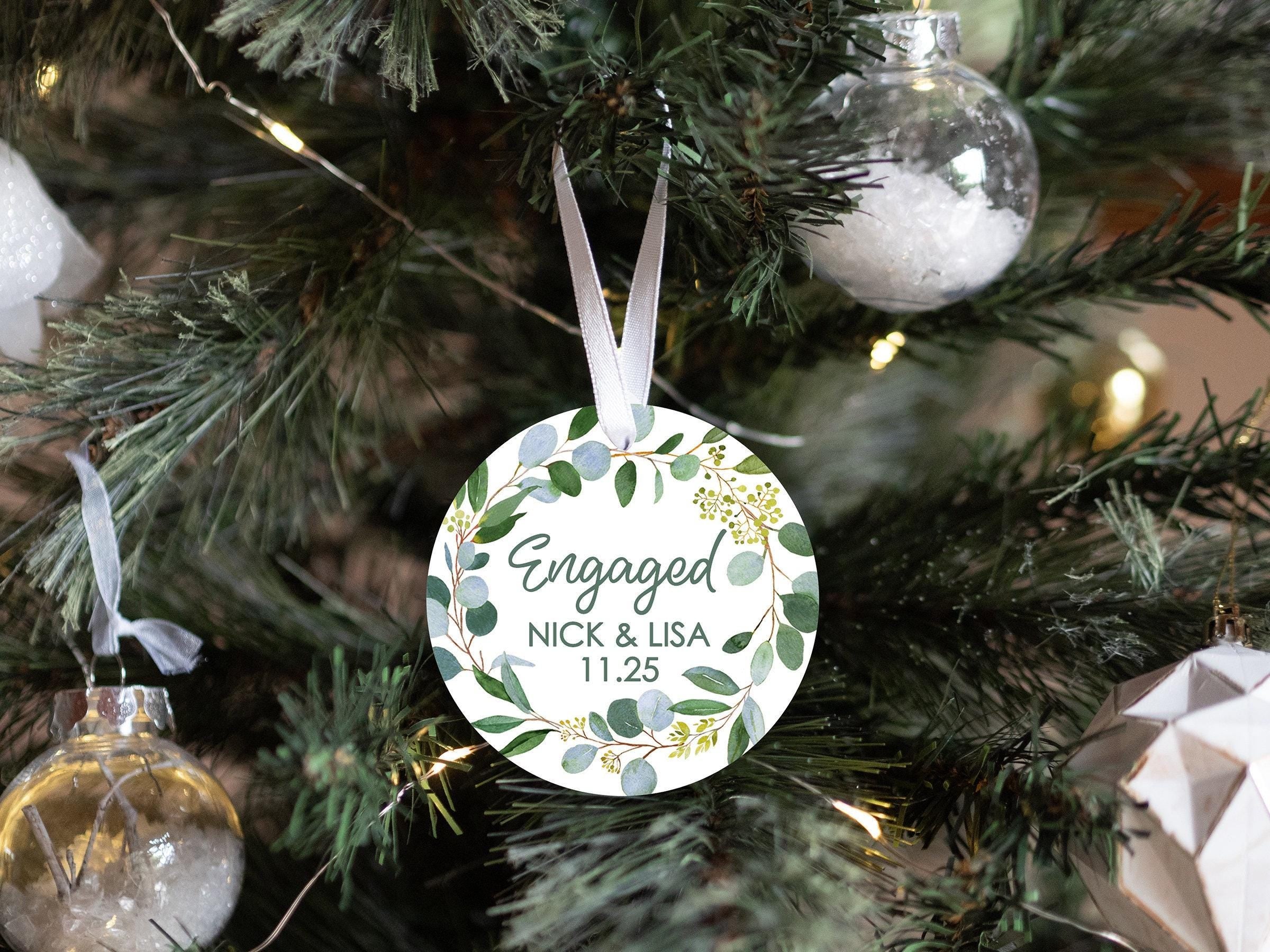 Engaged Christmas Ornament, Our First Engagement Announcement, Eucalyptus & Gold