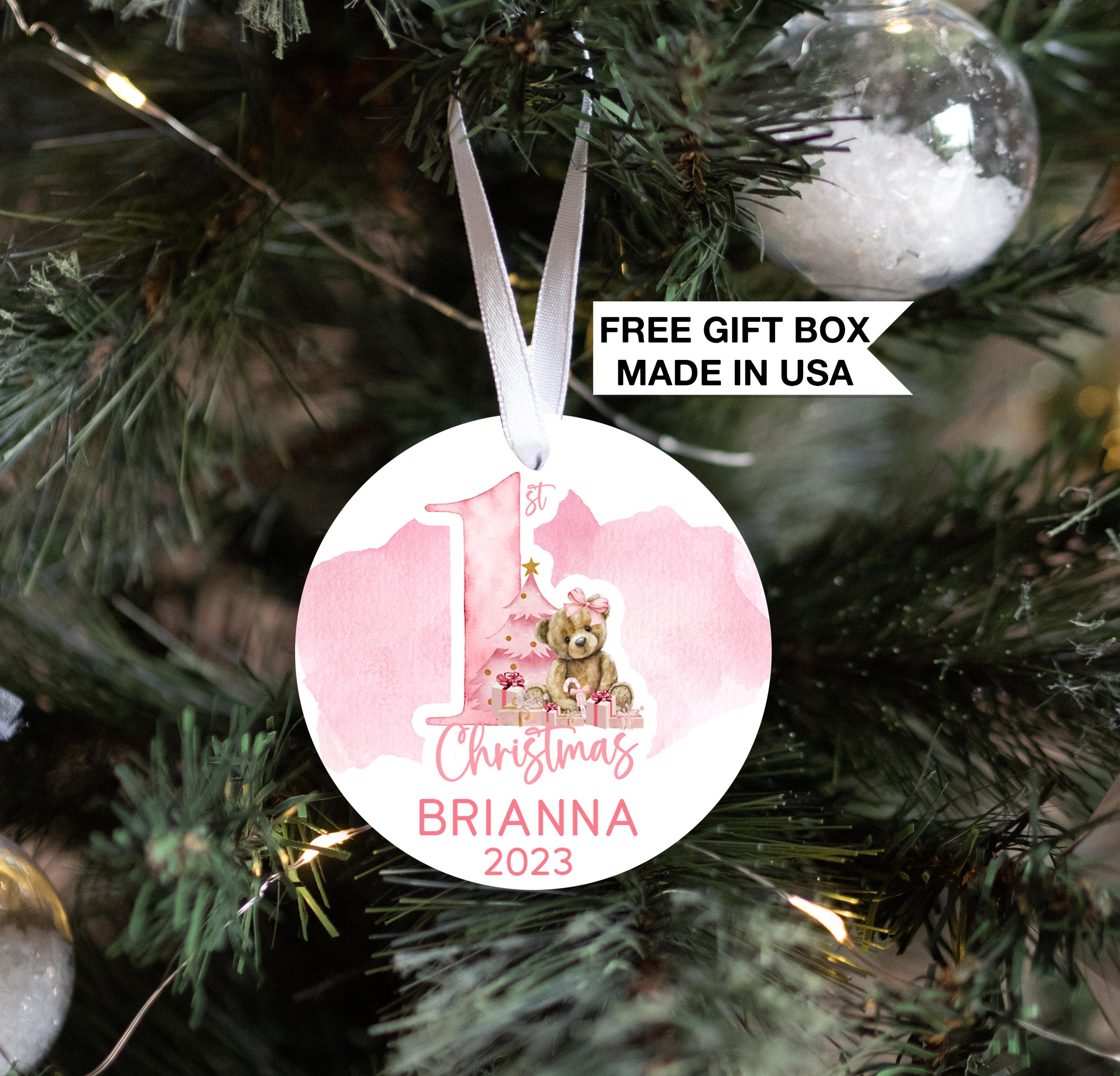 Baby's First Christmas Ornament, Personalized Pink Teddy Bear First Christmas
