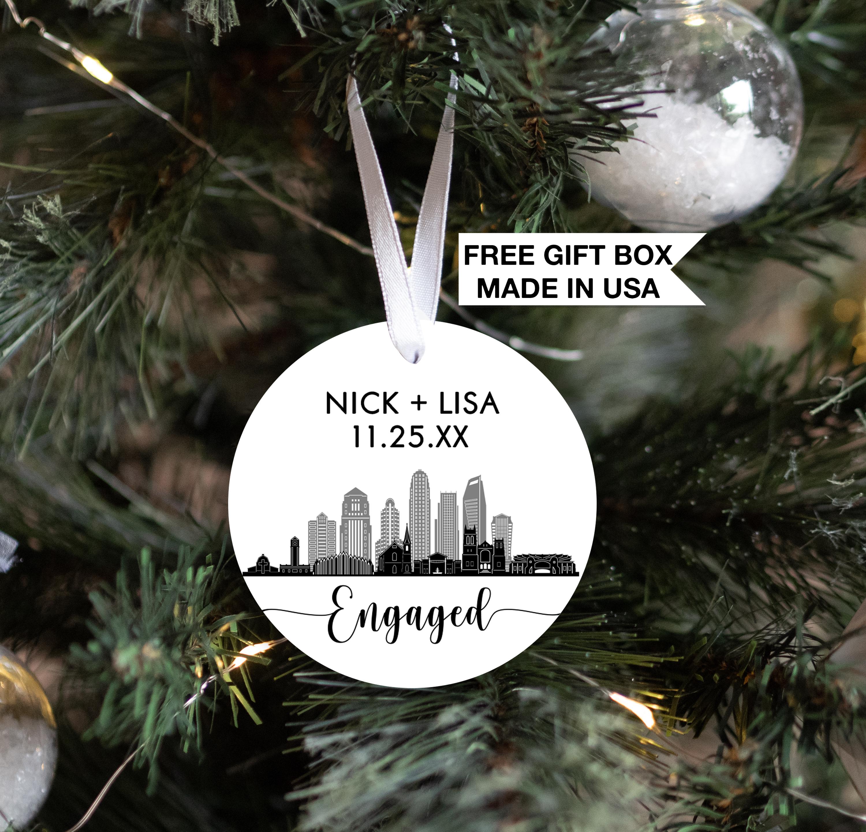 Engaged Charlotte Skyline Christmas Ornament, Personalized Our First Christmas Married