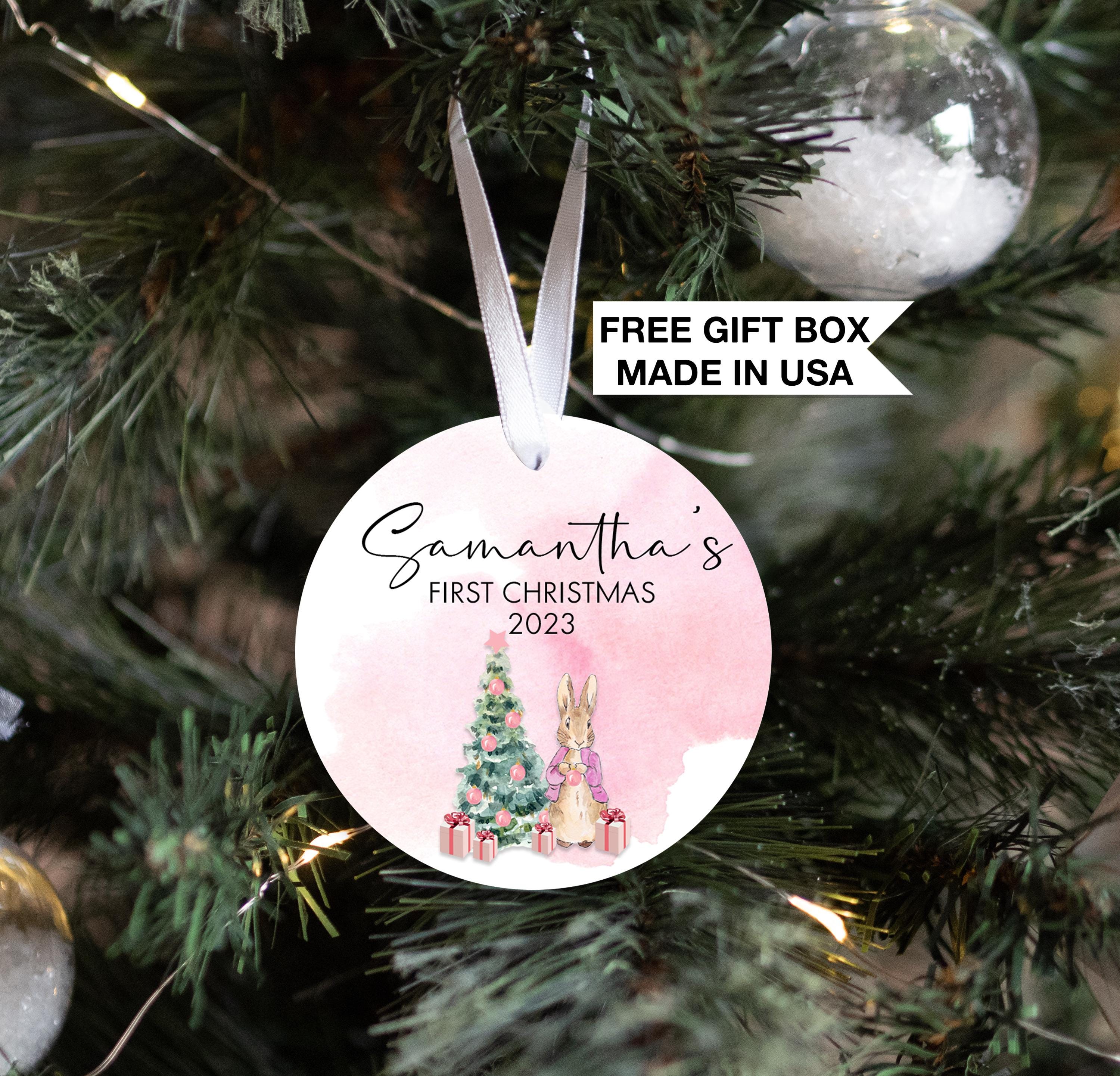 First Christmas Pink Rabbit Ornament, Personalized Baby Girls First Christmas