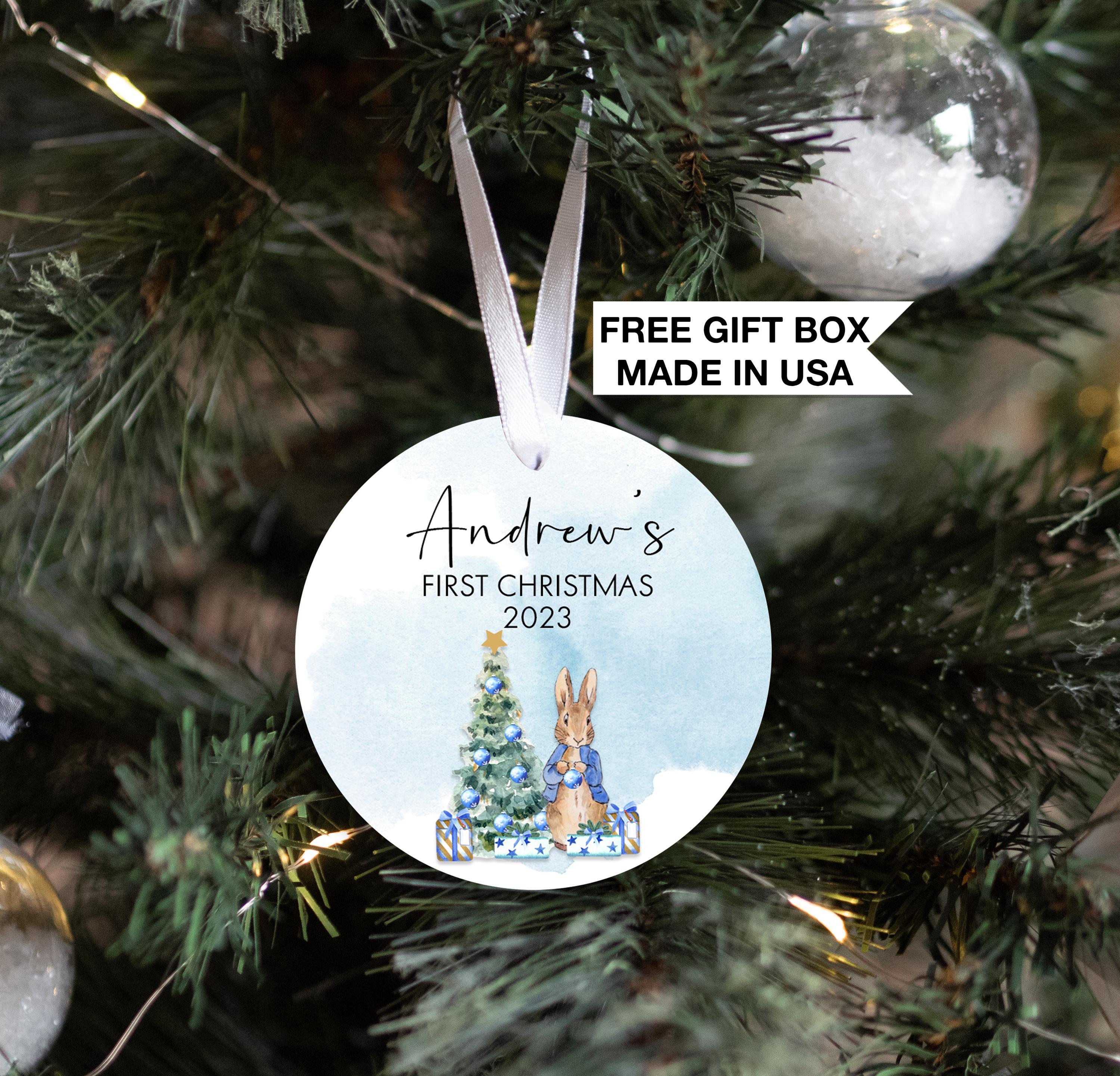 First Christmas Blue Rabbit, Personalized Baby Boy's First Christmas