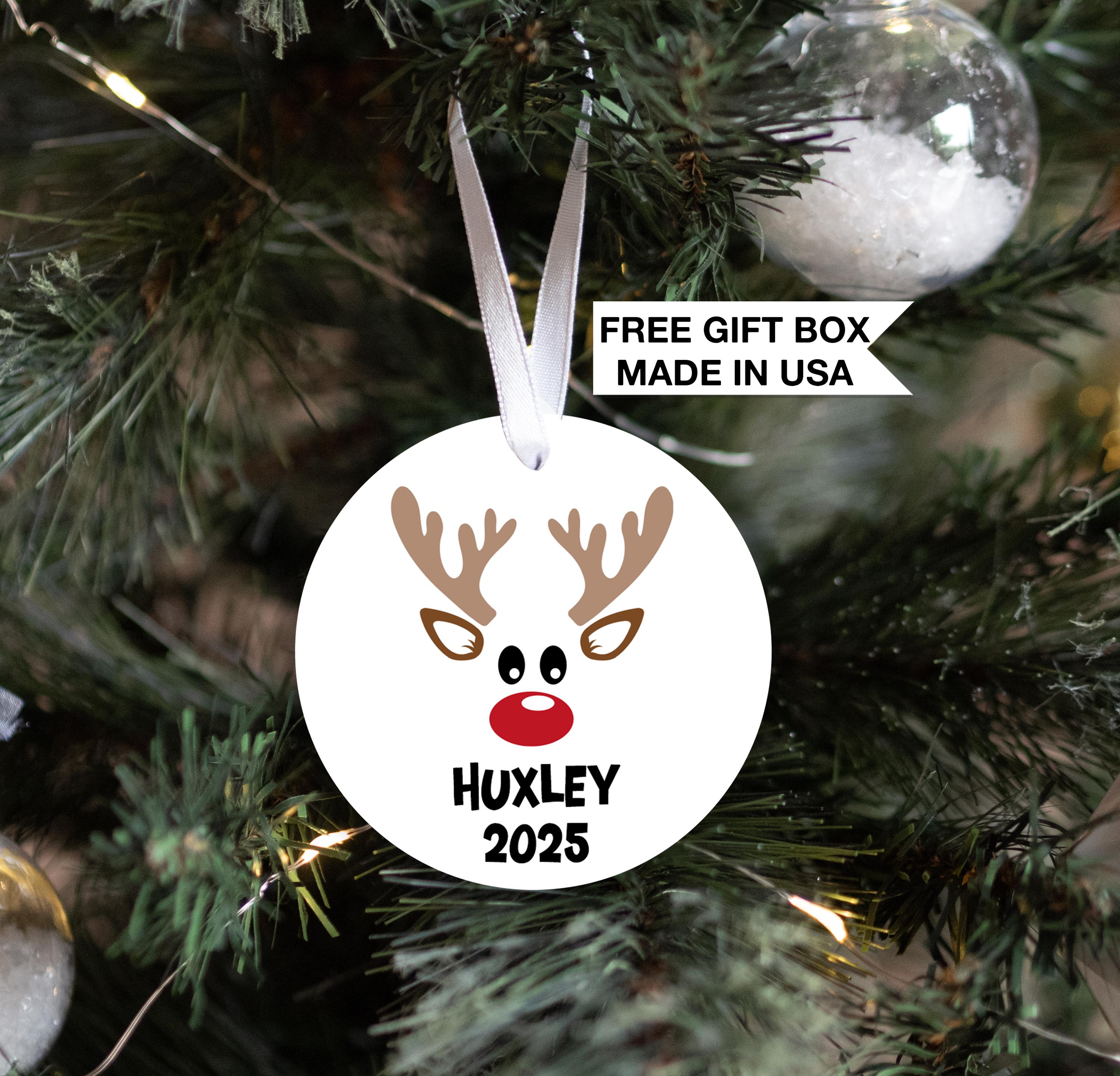 Reindeer Boy Christmas Ornament, Personalized Reindeer Face Keepsake