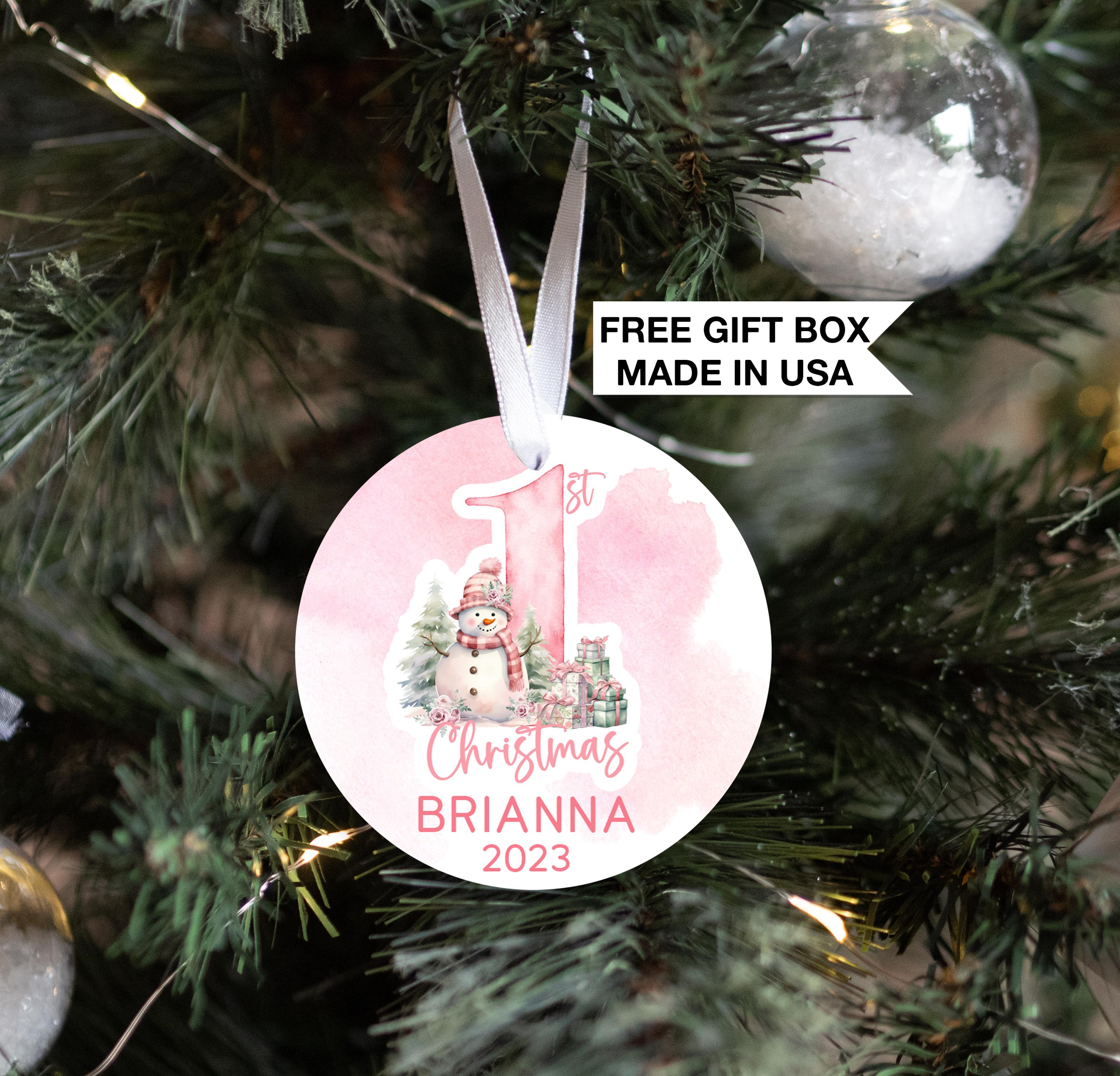 Snowman Pink Baby's First Christmas Ornament, Personalized Baby Girl Ornament