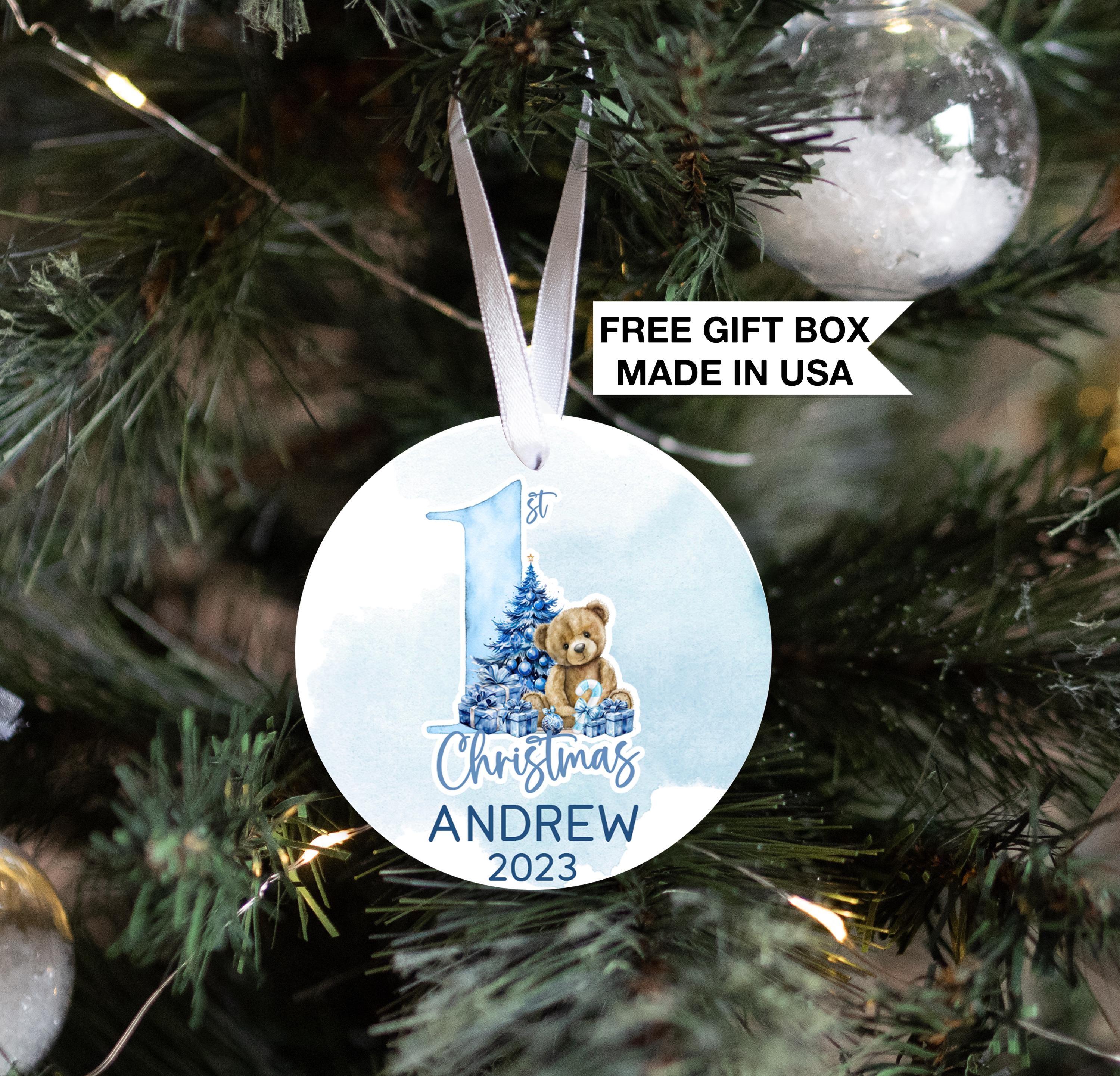 Baby's First Christmas Teddy Bear Ornament, Personalized Baby Boy First Christmas