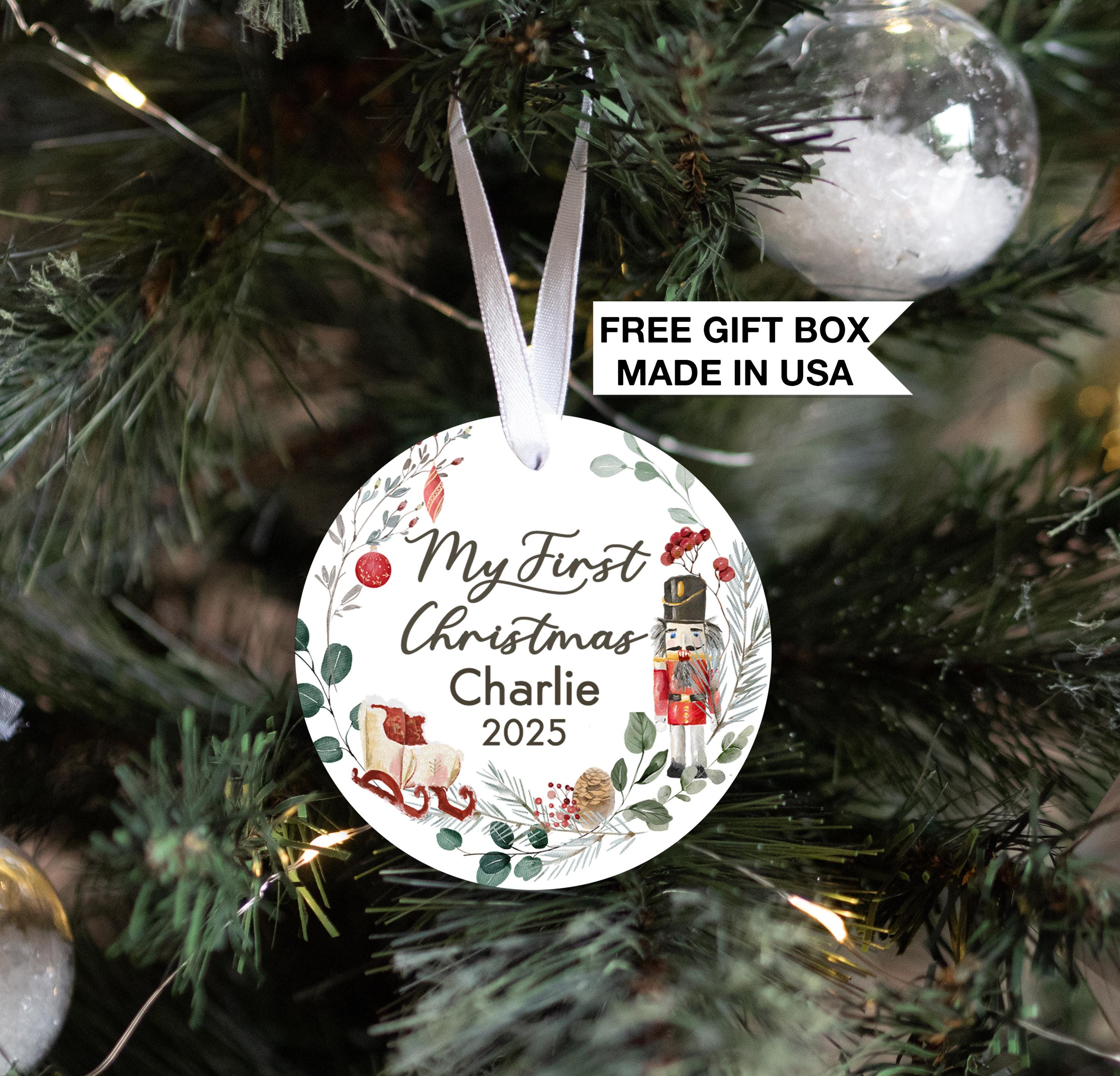 Wooden Soldier Baby's First Christmas Ornament, Personalized Baby First Wreath Christmas
