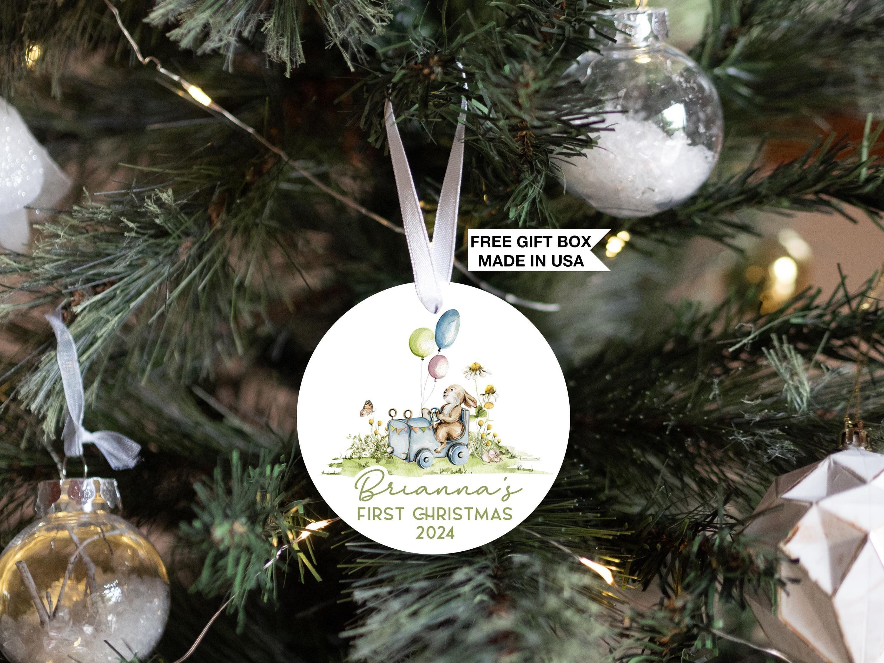 Baby's First Christmas Ornament | Personalized Watercolor Bunny Christmas Gift, Bunny Balloon Baby Gift