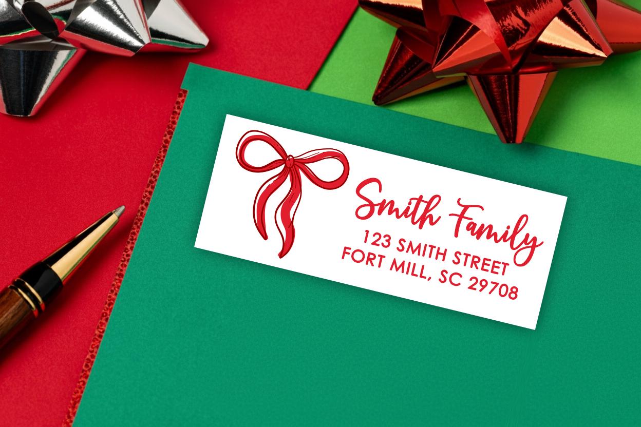 Red Bow Christmas Return Address Labels, Personalized Holiday Address Rectangle Stickers