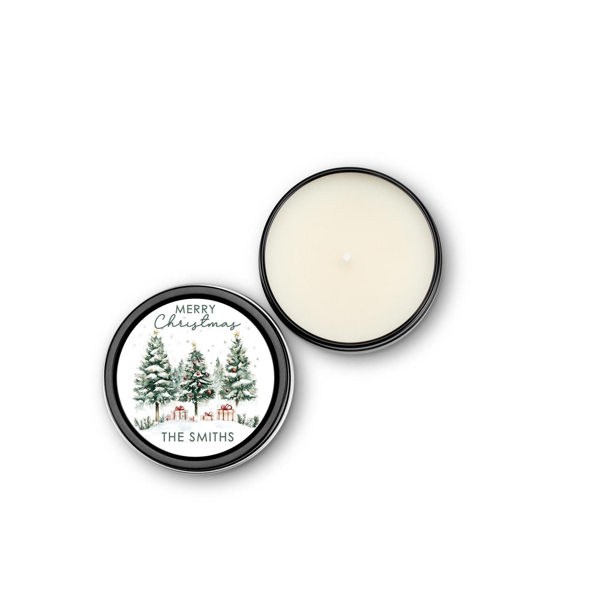Winter Wonderland Christmas Tree Candle Tins, Personalized Corporate Soy Candles, Set of 10