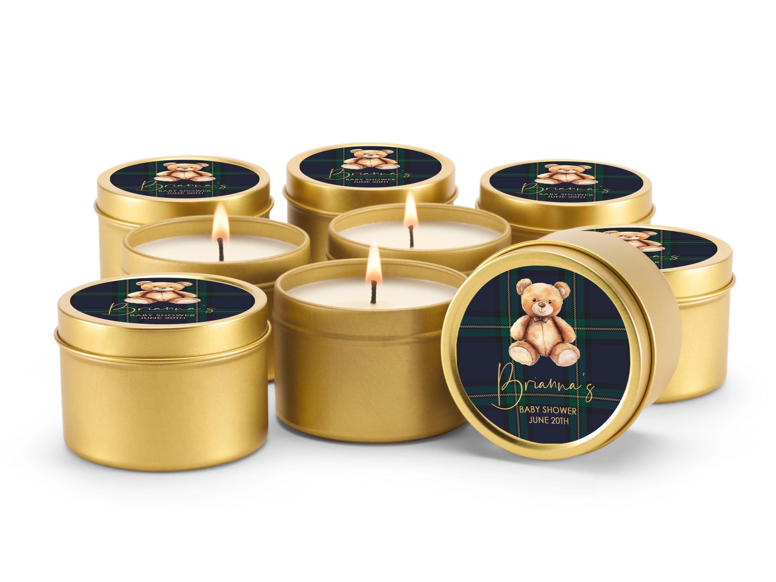Teddy Bear Baby Shower Candle Tins, Personalized Plaid Gold Candles, Blue Green Preppy Favors