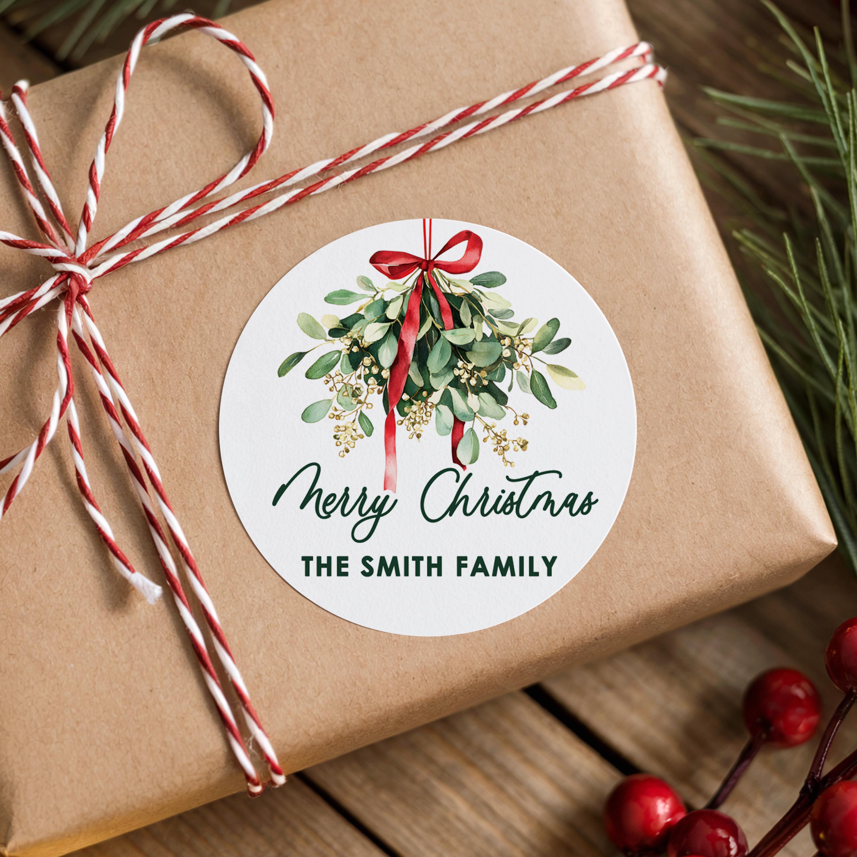 Mistletoe Red Bow Christmas Stickers, Personalized Holiday Wishes Gift Labels