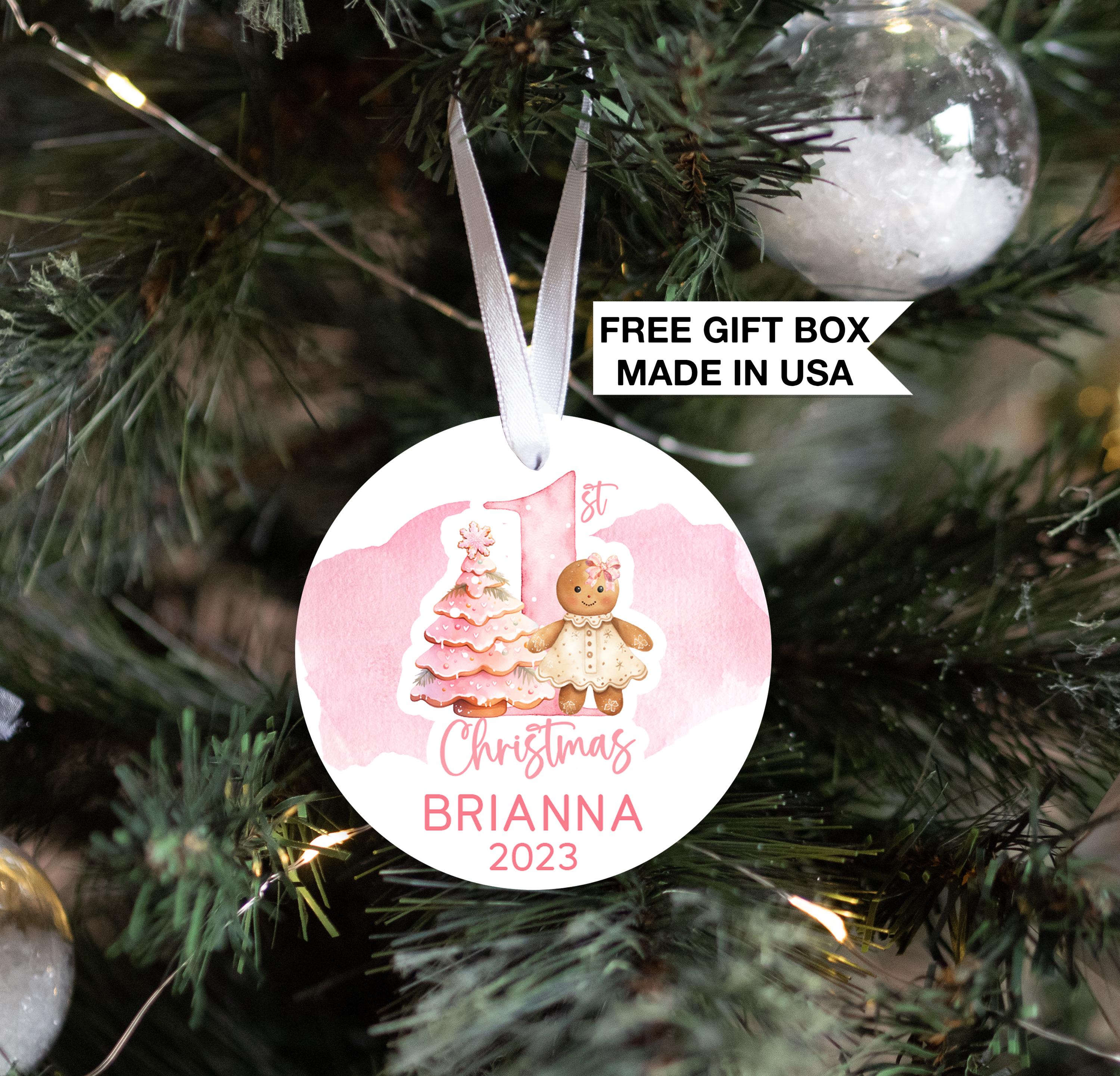 Baby's First Christmas Ornament, Gingerbread Pink Tree 1st Baby Gift