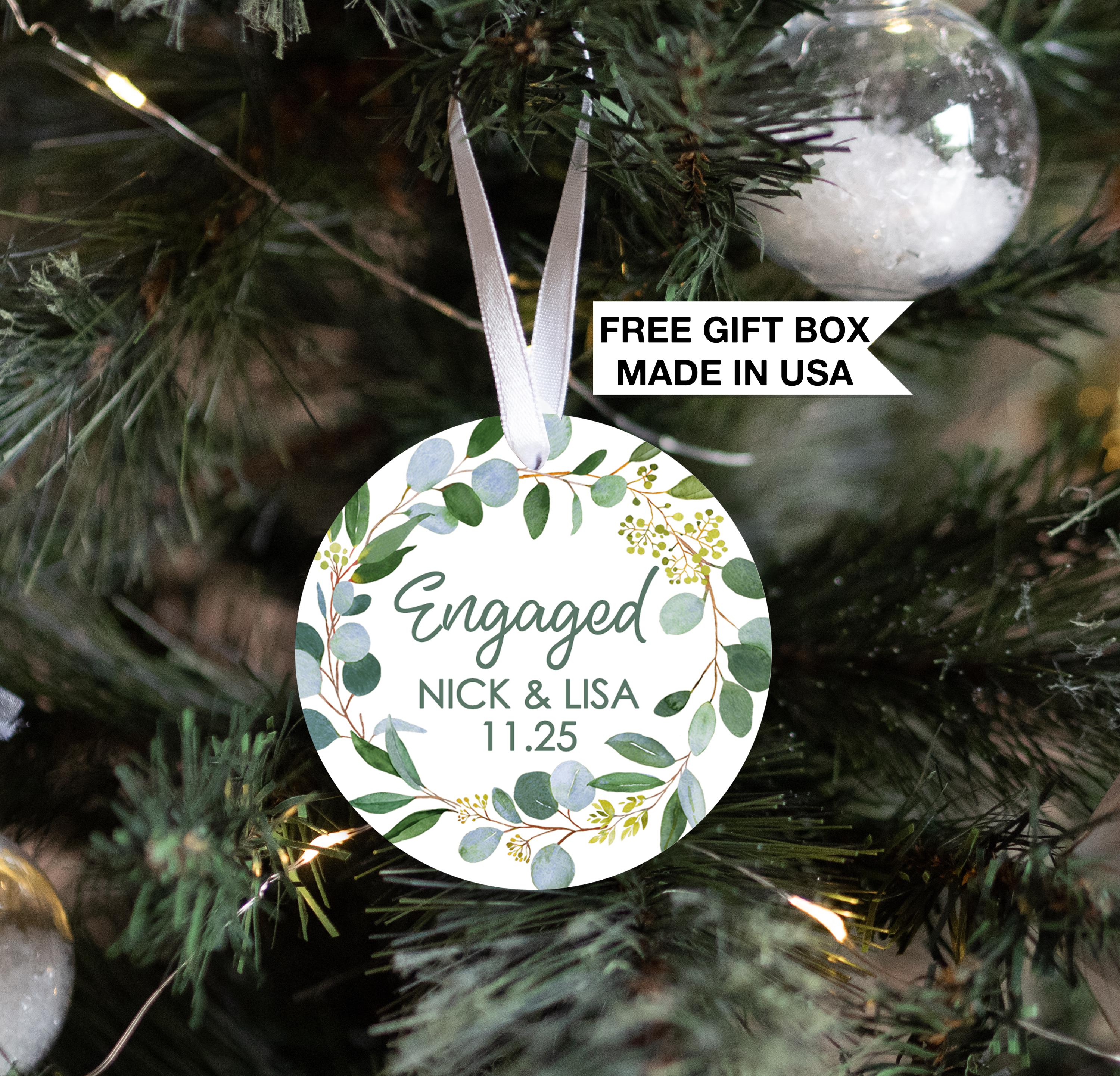 Engaged Christmas Ornament, Our First Engagement Announcement, Eucalyptus & Gold