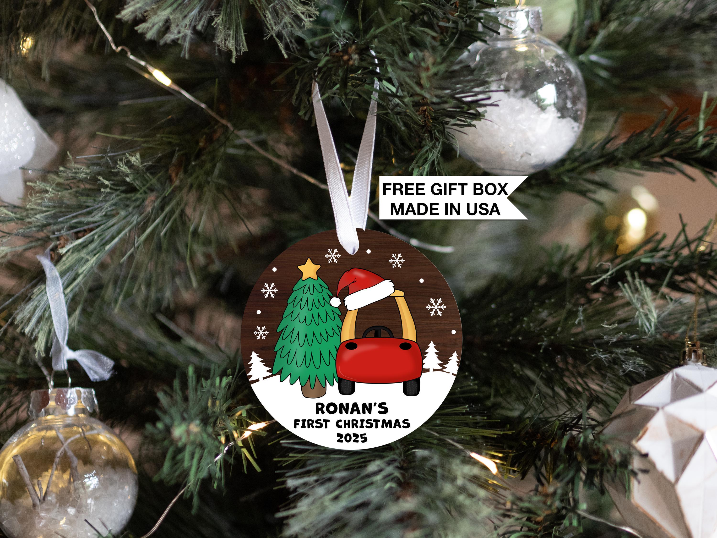 Baby's First Christmas Ornament, Personalized Baby Boy Cozy Coupe Red Truck