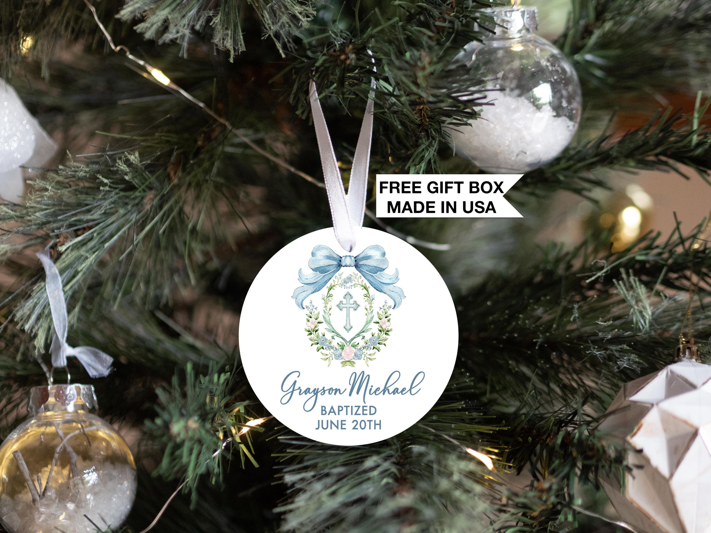 Blue Cross Crest Ornament, Personalized Baptism for Boy, Communion Gift