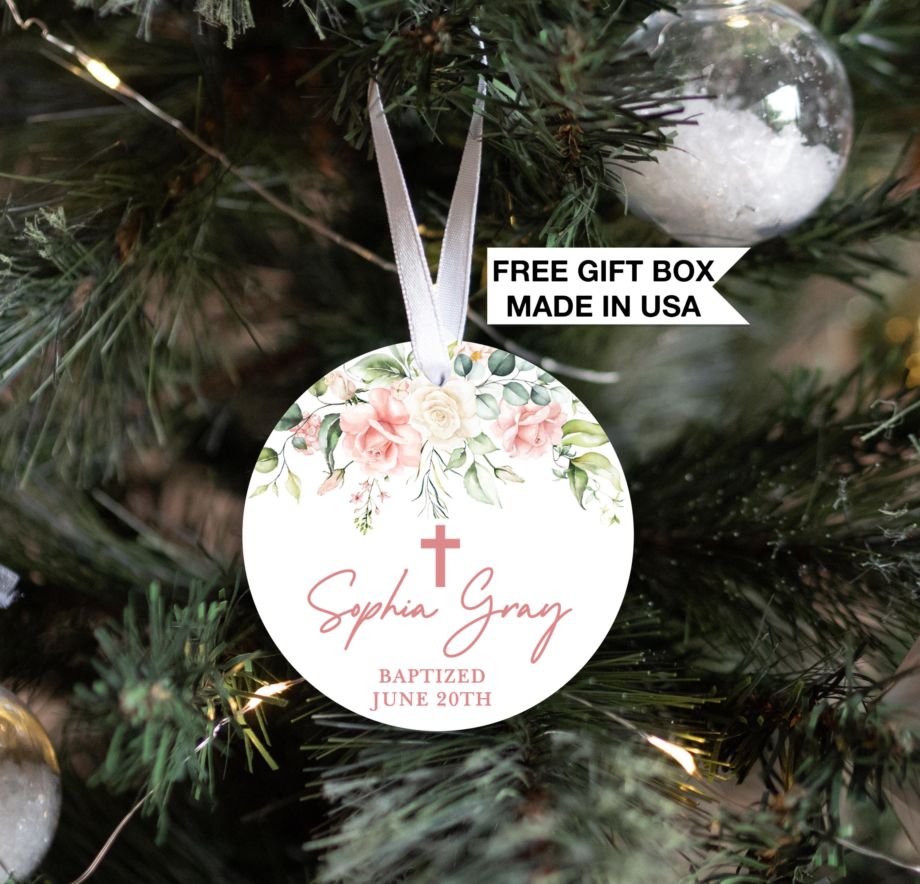 Baptism Pink Cross Ornament, Personalized Communion Christmas Ornament, God Daughter