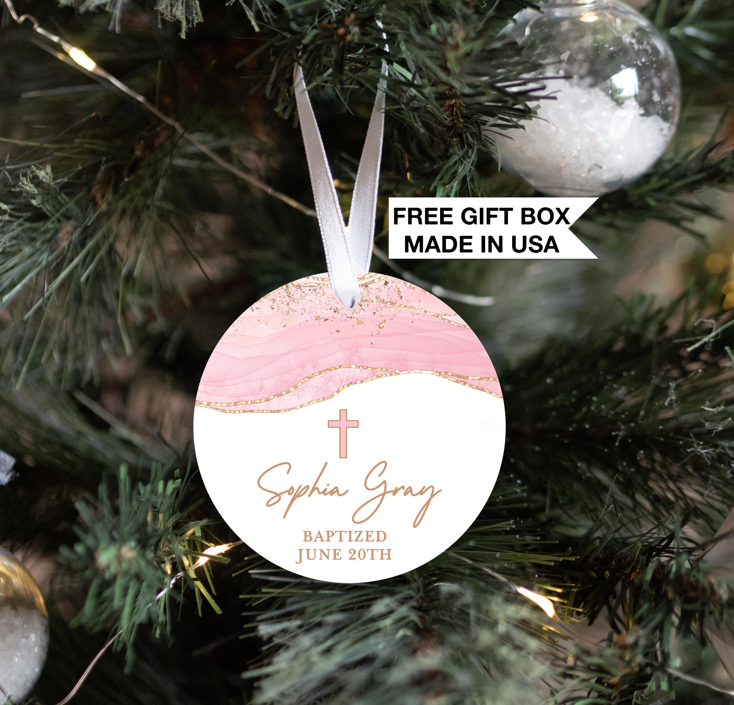 Baptism Pink Cross Ornament, Personalized Communion Keepsake, God Daughter Christmas gift
