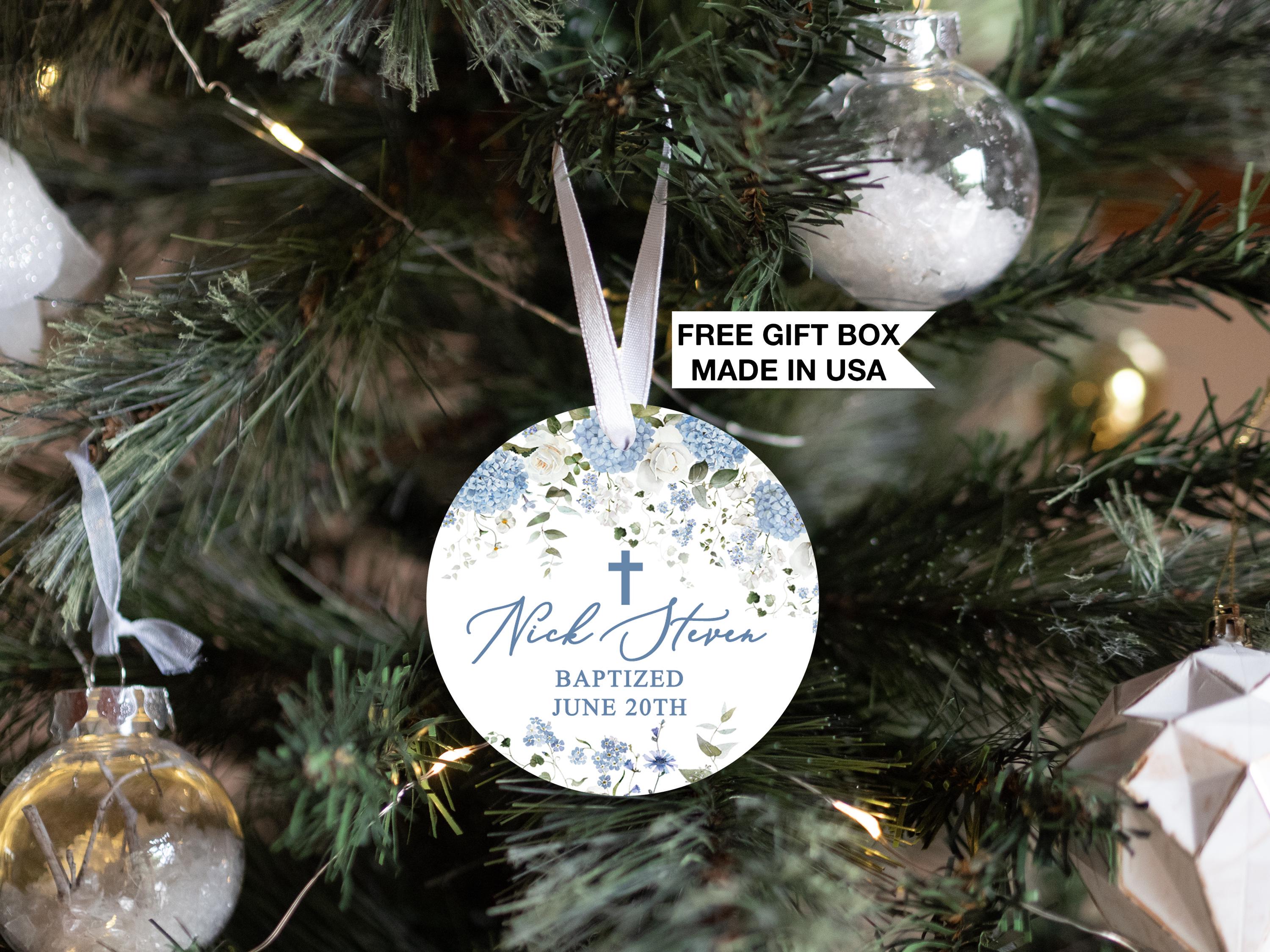 Cross Blue Hydrangea Ornament, Personalized Baptism for Girl Boy, Custom Christening Gift
