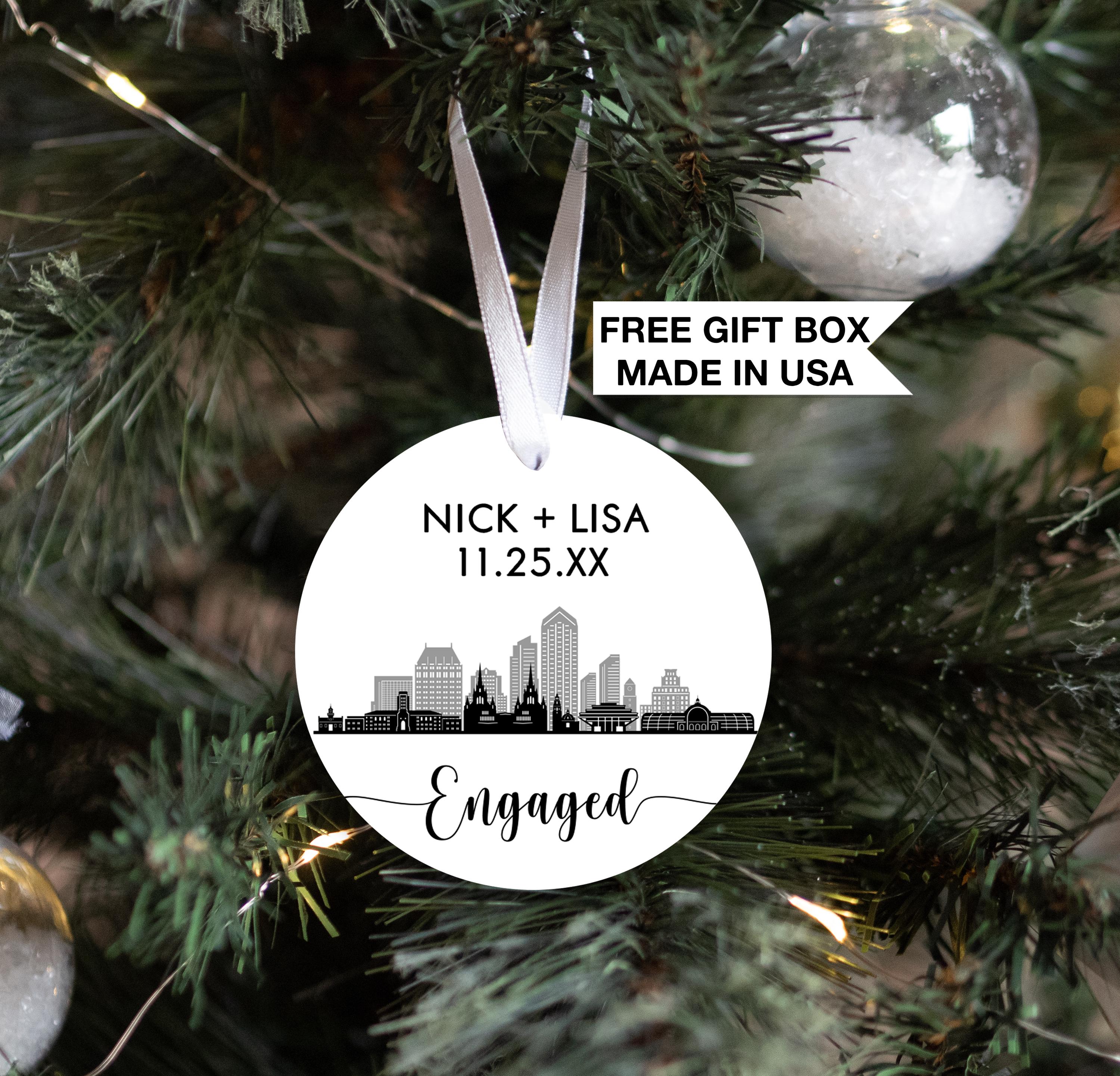 Personalized Engaged San Diego Skyline Christmas Ornament, Our First Christmas Married