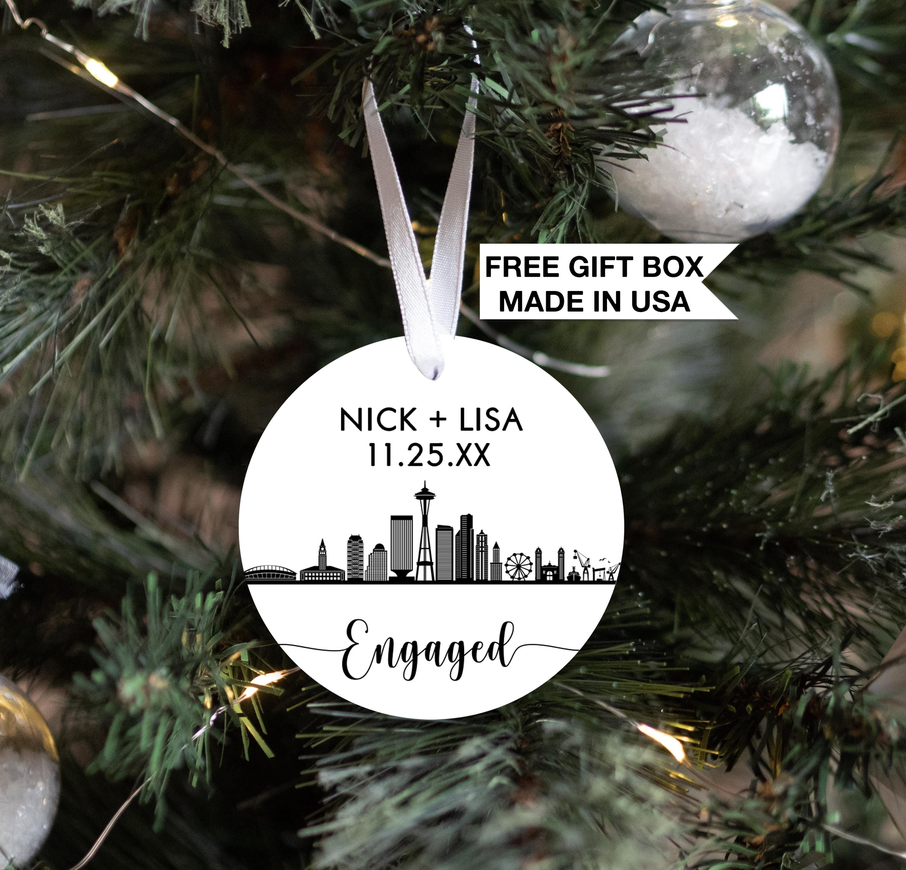 Personalized Engaged Seattle Skyline Christmas Ornament, Our First Christmas Married