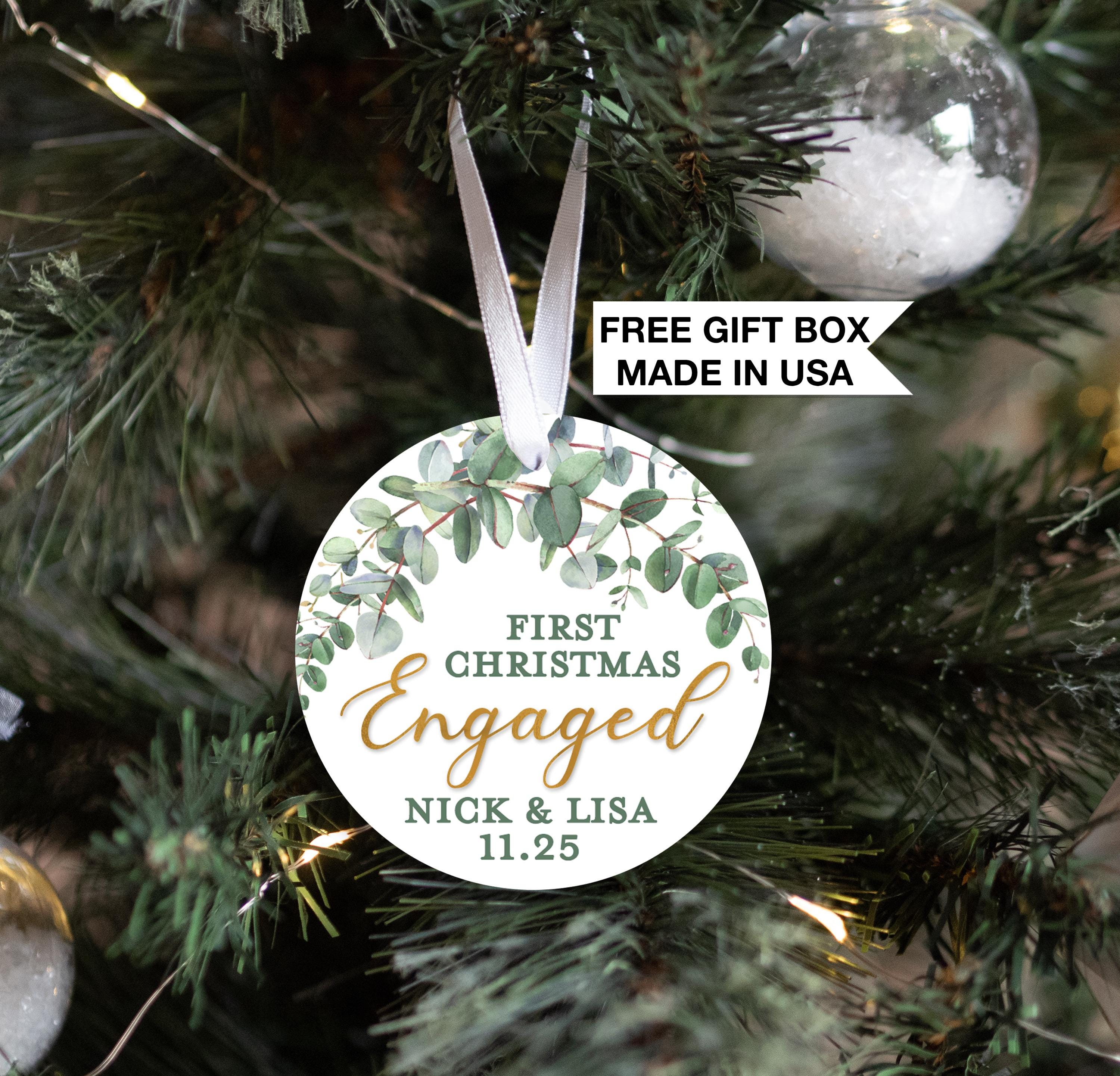 Engaged Christmas Ornament, Personalized Our First Christmas Engagement, Greenery Keepsake