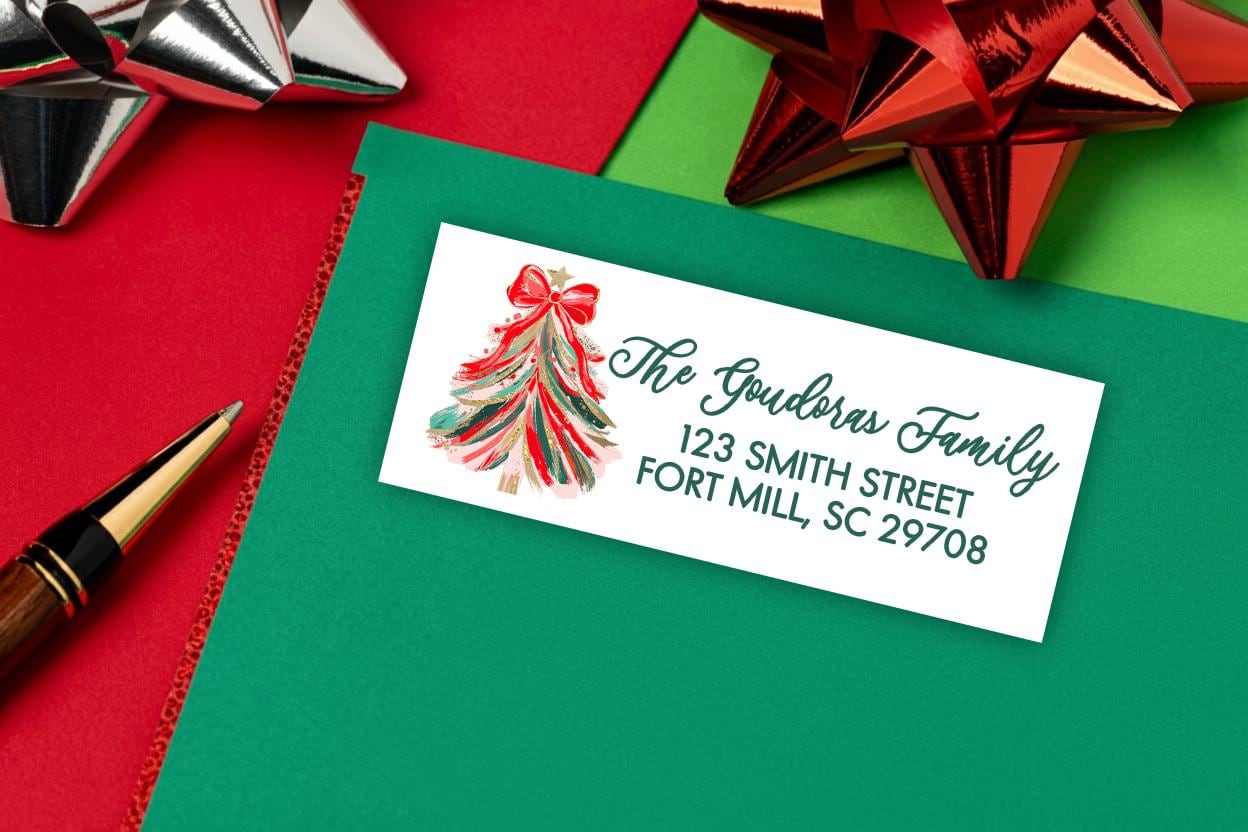 Christmas Red Bow Return Address Labels, Personalized Holiday Address Rectangle Stickers