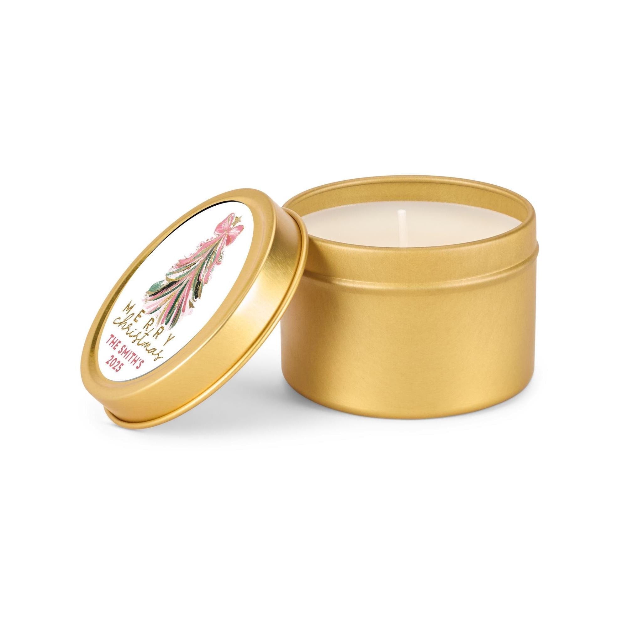Pink Gold Christmas Tree Candle Tins, Personalized Corporate Gift Soy Candles, Set of 10