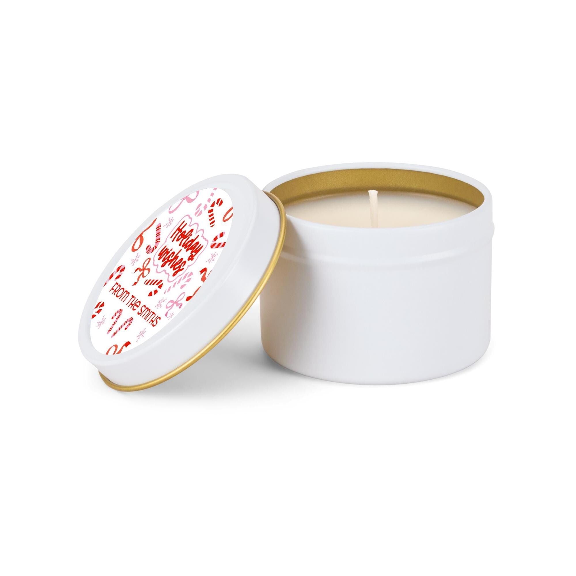 Candy Cane Red Bows Christmas Candle Tins, Personalized Corporate Soy Candles, Set of 10