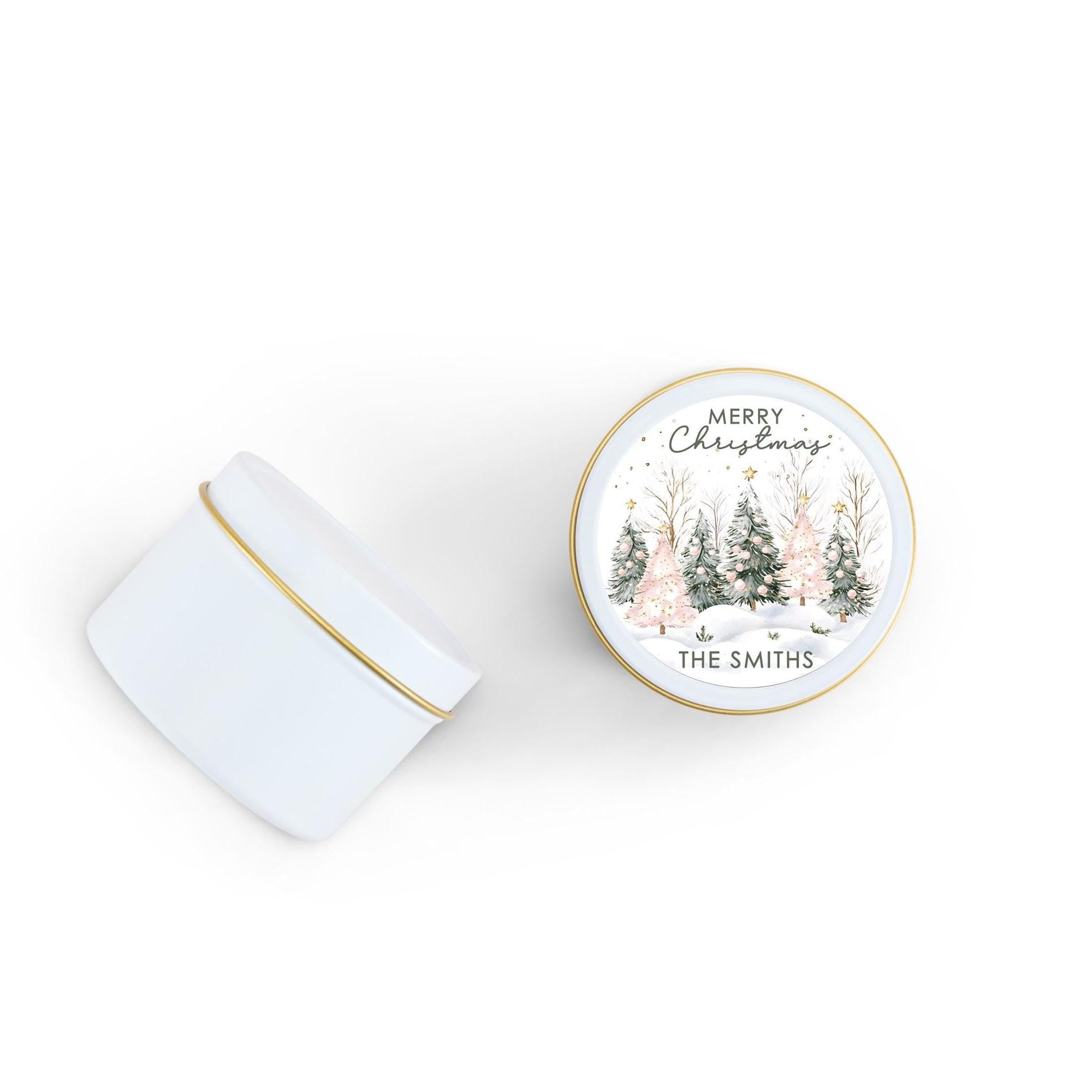Pink Christmas Tree Candle Tins, Personalized Corporate Soy Candles, Set of 10