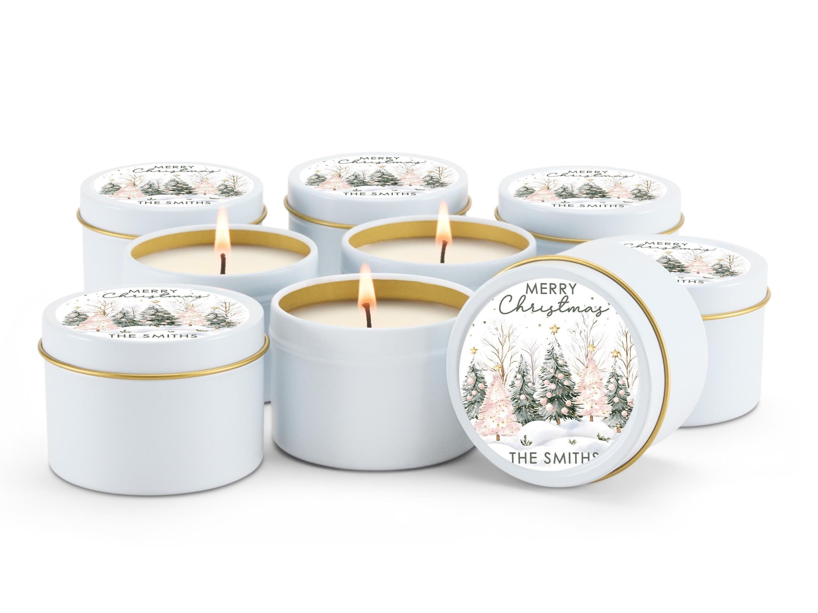 Pink Christmas Tree Candle Tins, Personalized Corporate Soy Candles, Set of 10