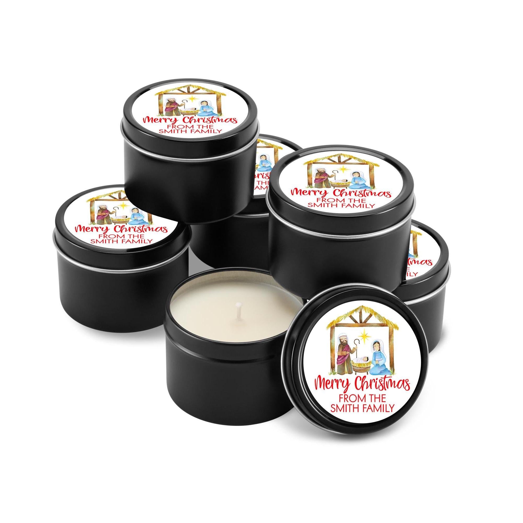 Nativity Scene Christmas Candle Tins, Personalized Corporate Soy Candles, Set of 10
