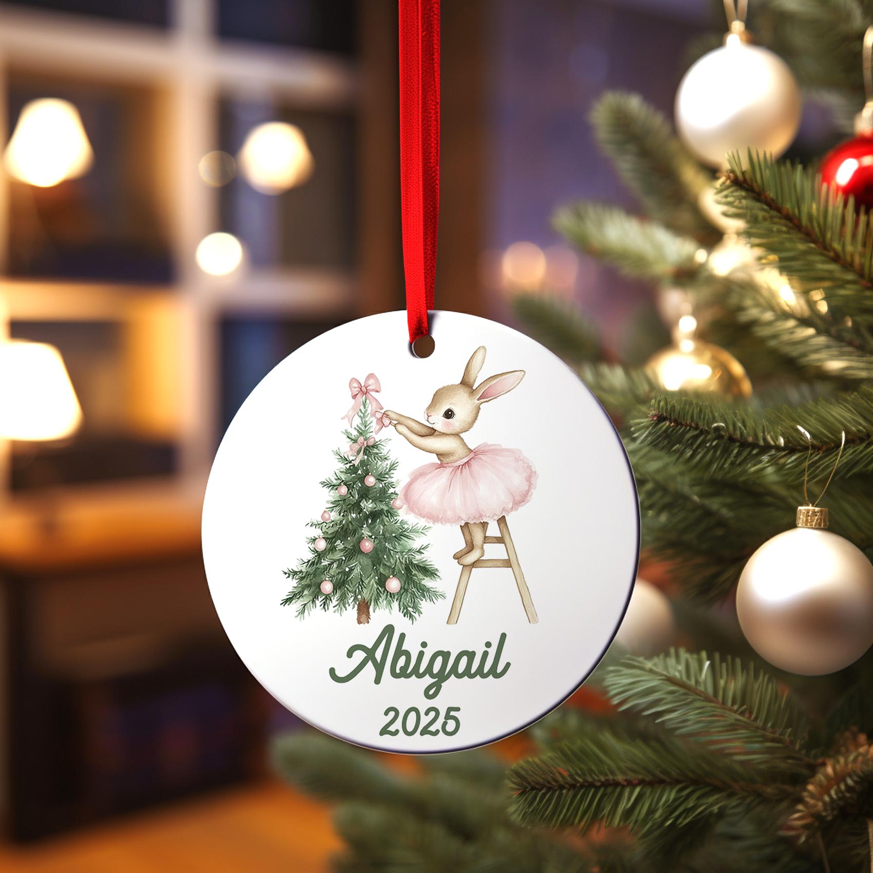Bunny Pink Christmas Ornament, Personalized Girls Christmas Gift
